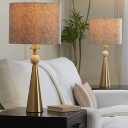 Cone Travertine Table Lamp Pair Blue/Tan