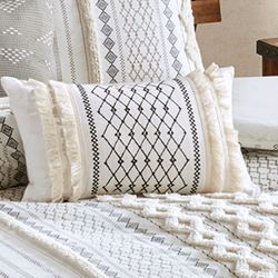 Imani Embroidered Fringed Pillow Light Almond Rectangle