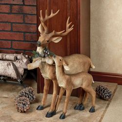 Standing Buck Deer with Fawn Sculpture Brown