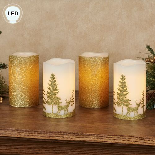 Glitter And Gold Led Flameless Holiday Pillar Candle Set Of 4