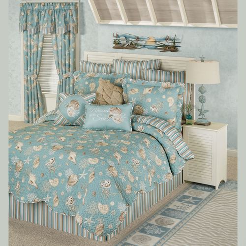 Seabreeze Reversible Aqua Coastal Seashell Quilt Set Bedding