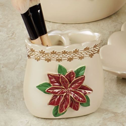 Poinsettia Grace Wastebasket - Light Cream Holiday Trash Can With Burgundy Flowers