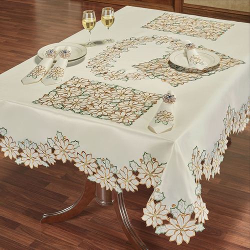 Winter Poinsettia Ivory Cutwork Tablecloth and Table Linens