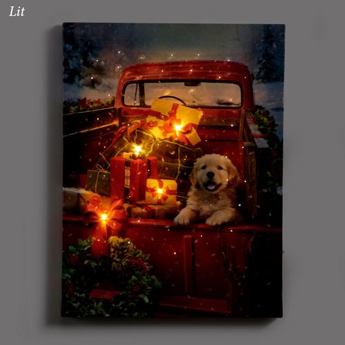 Holiday Truck with Golden Retriever Puppy Dog Lighted Canvas Wall Art