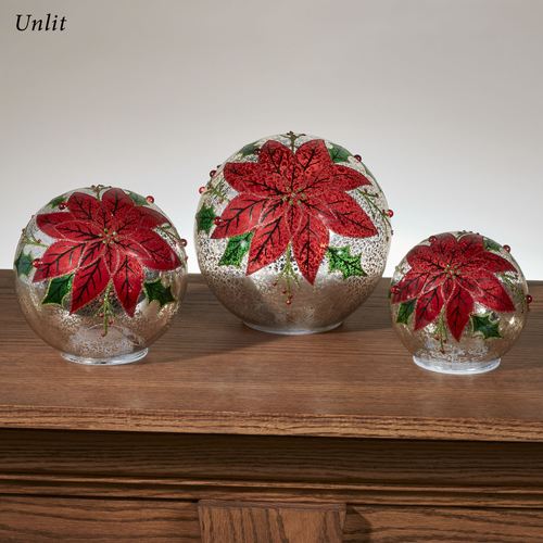 Holiday Poinsettia LED Lighted Mercury Glass Globe Set