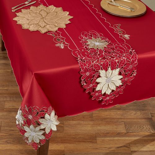 Gold Poinsettia Red Cutwork Holiday Table Linens