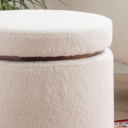 Lea Off White Boucle Upholstered Round Storage Ottoman