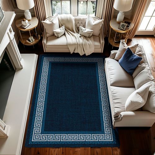 Andros Navy Stain Resistant Greek Key Border Area Rugs
