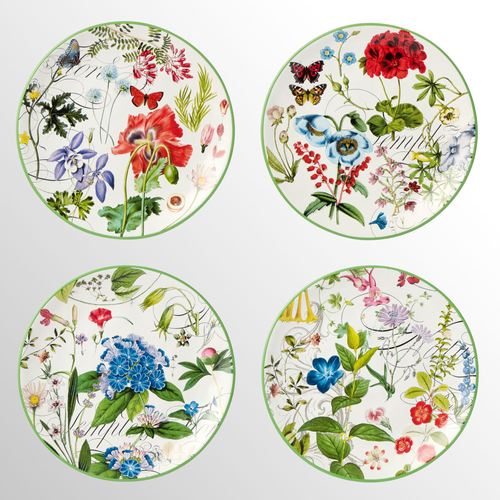 Greenhouse Botanical Floral Ceramic Dessert Plate Set of 4