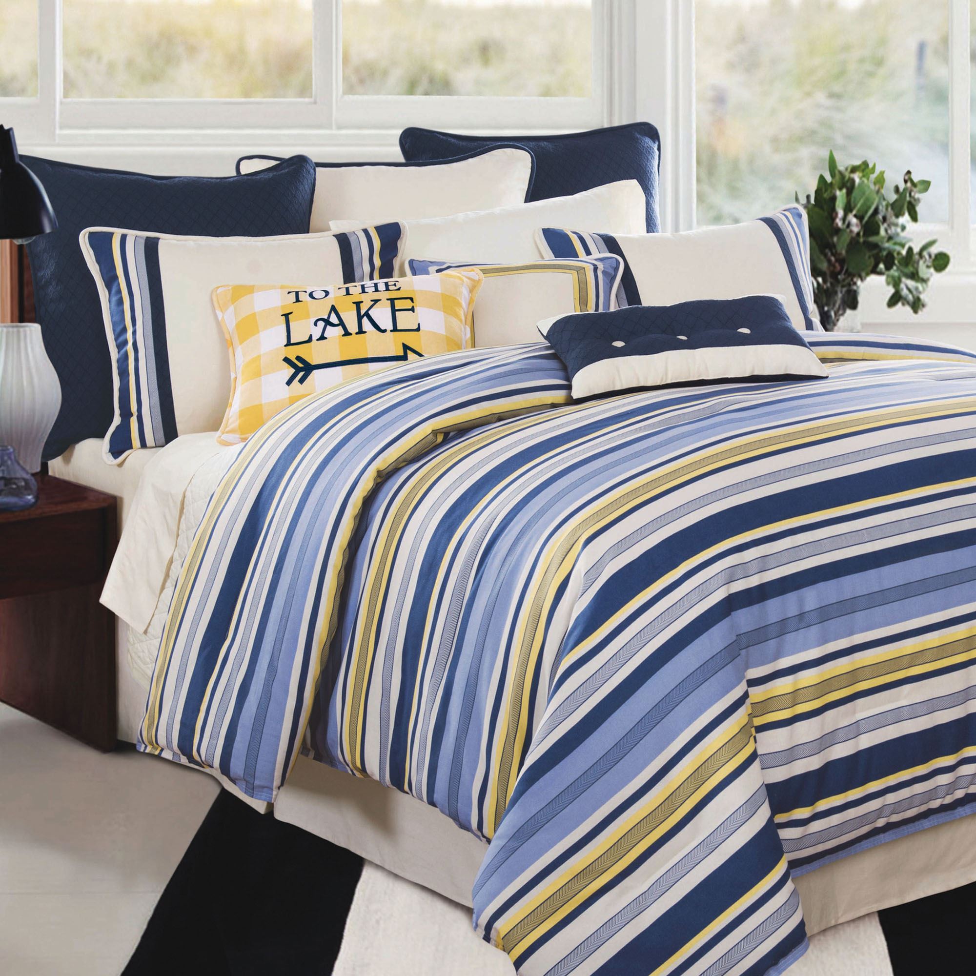 thumbnail image 2 of Modern Soft Sporty Blue White Nautical Tan Stripe Comforter Set – With Pillow – New 2 of 6