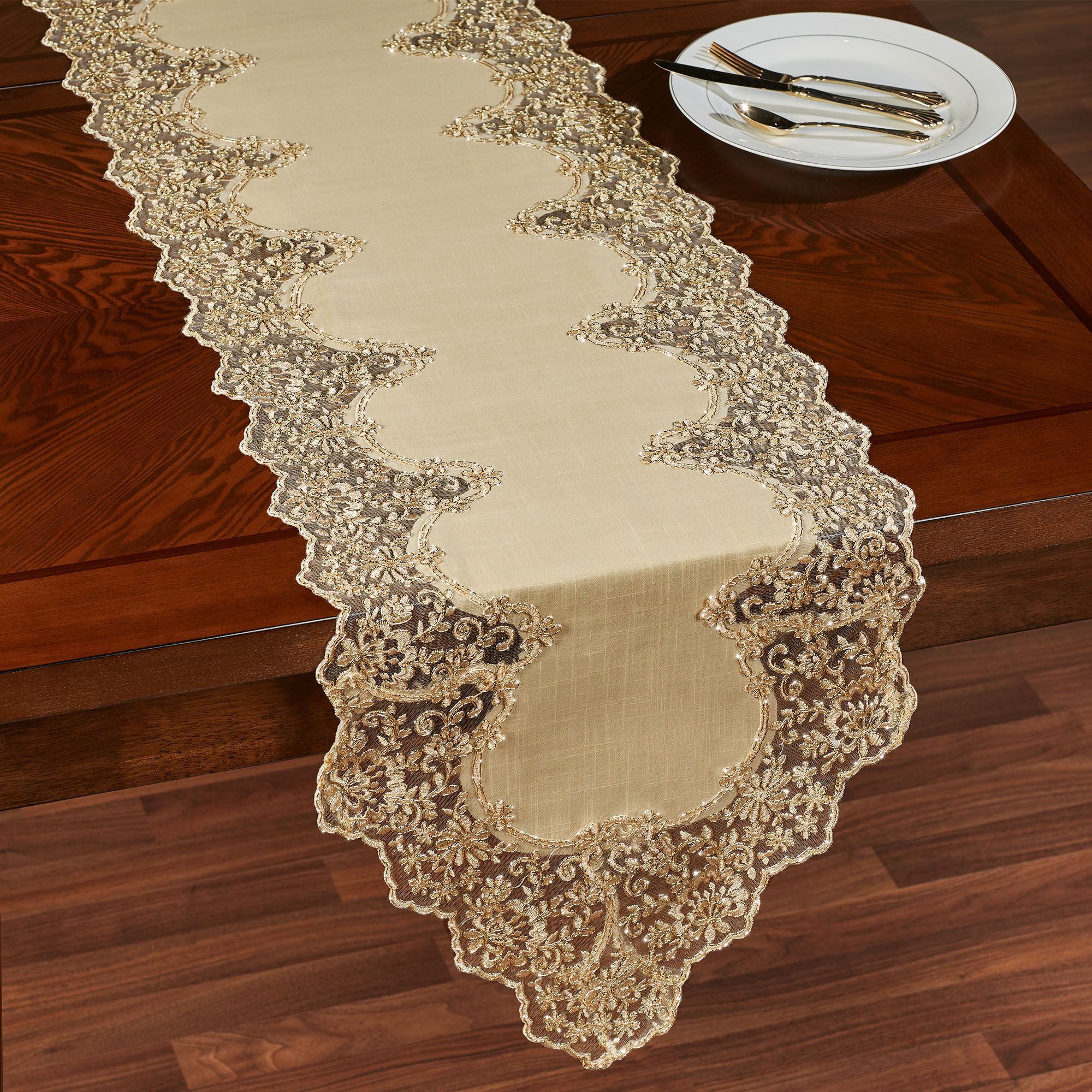 Florentina Antique Gold Lace Trim Table Runner And Accessories florentina-antique-gold-lace-trim-table-runner-and-accessories