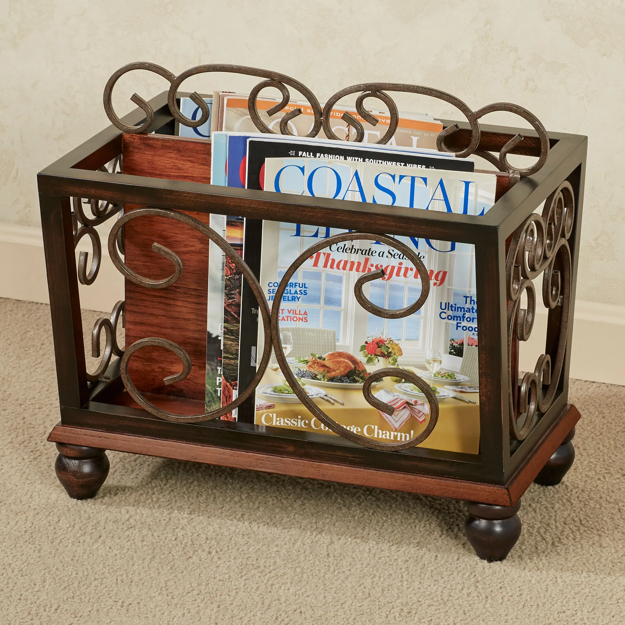 Magazine Rack Closed Ashburn Regal Walnut Wooden and Metal Scrollwork Divided Magazine Rack ...