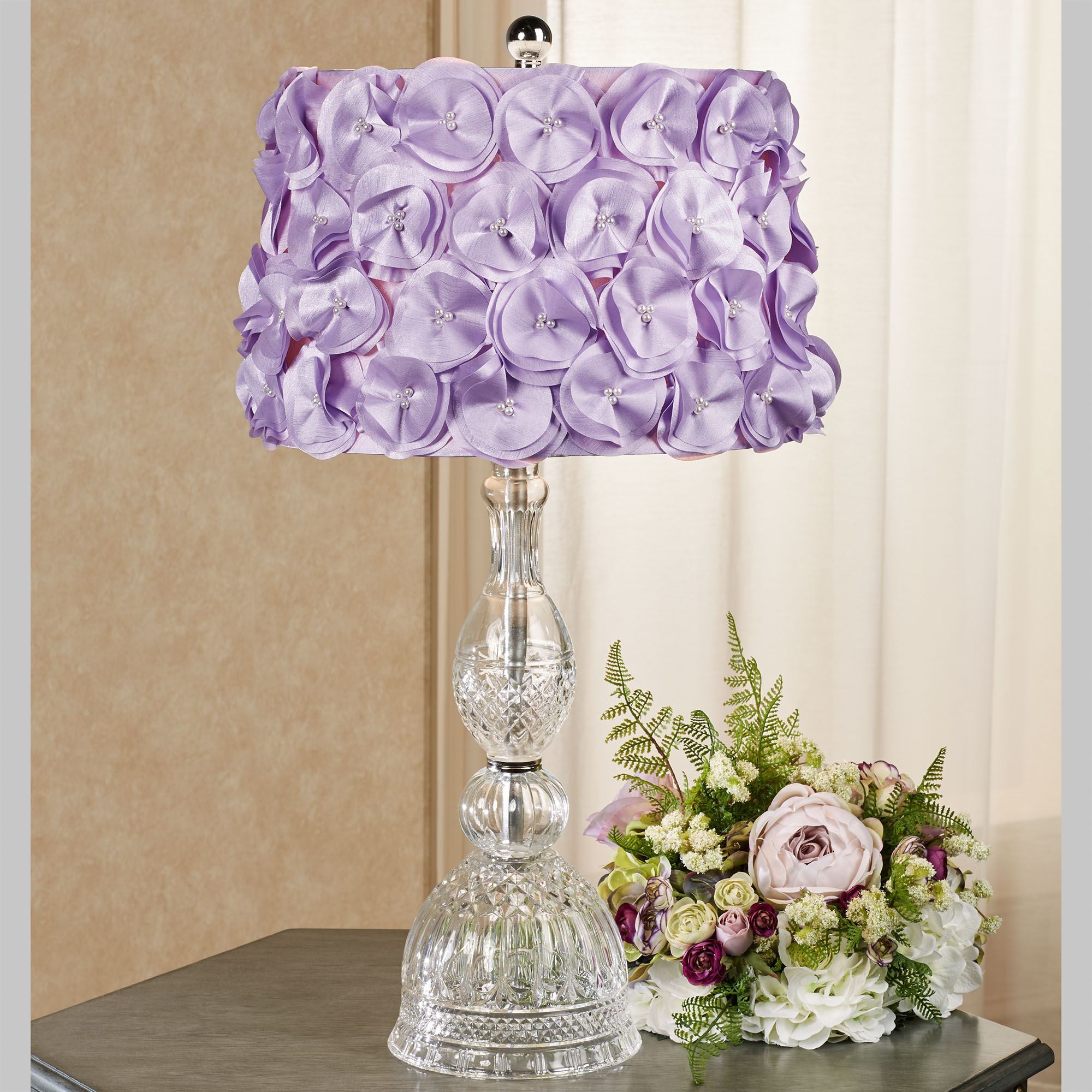 Lydia Clear Glass Table Lamp with Lavender Flower Petal Fabric Shade
