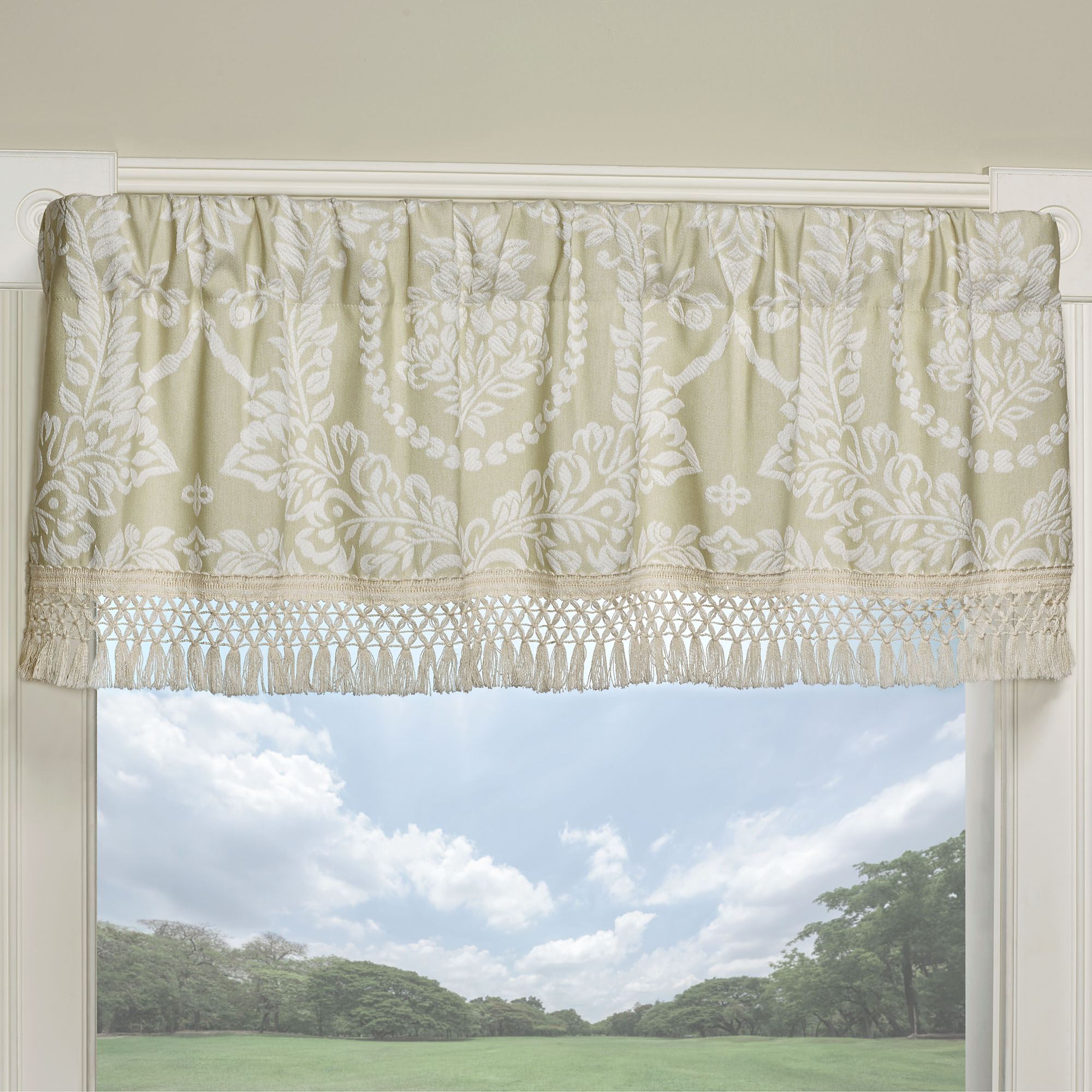 Timeless Window Patterns Timeless Sage Woven Matelasse Fringed Window Valance