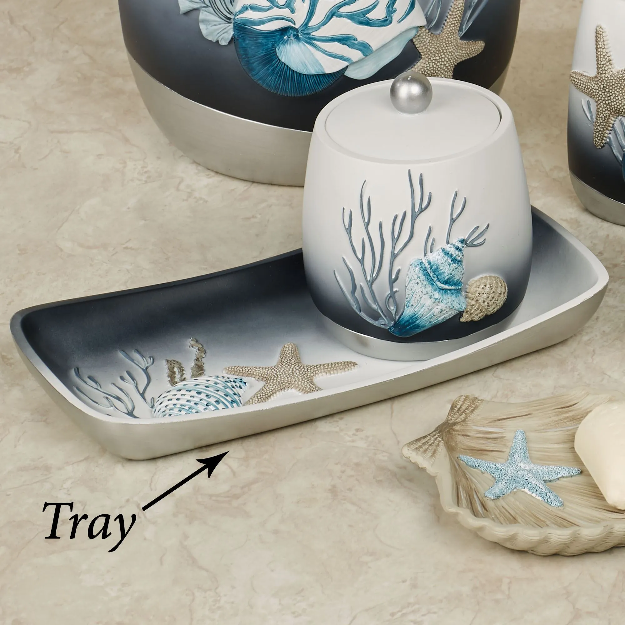 blue lagoon fish bathroom accessories Avanti Linens Accessory, Resin Countertop Accessories, Oceanscape Inspired Bathroom Decor (Blue Collection) the coastal resin tray features beautiful shells Avanti Linens - Fabric Shower