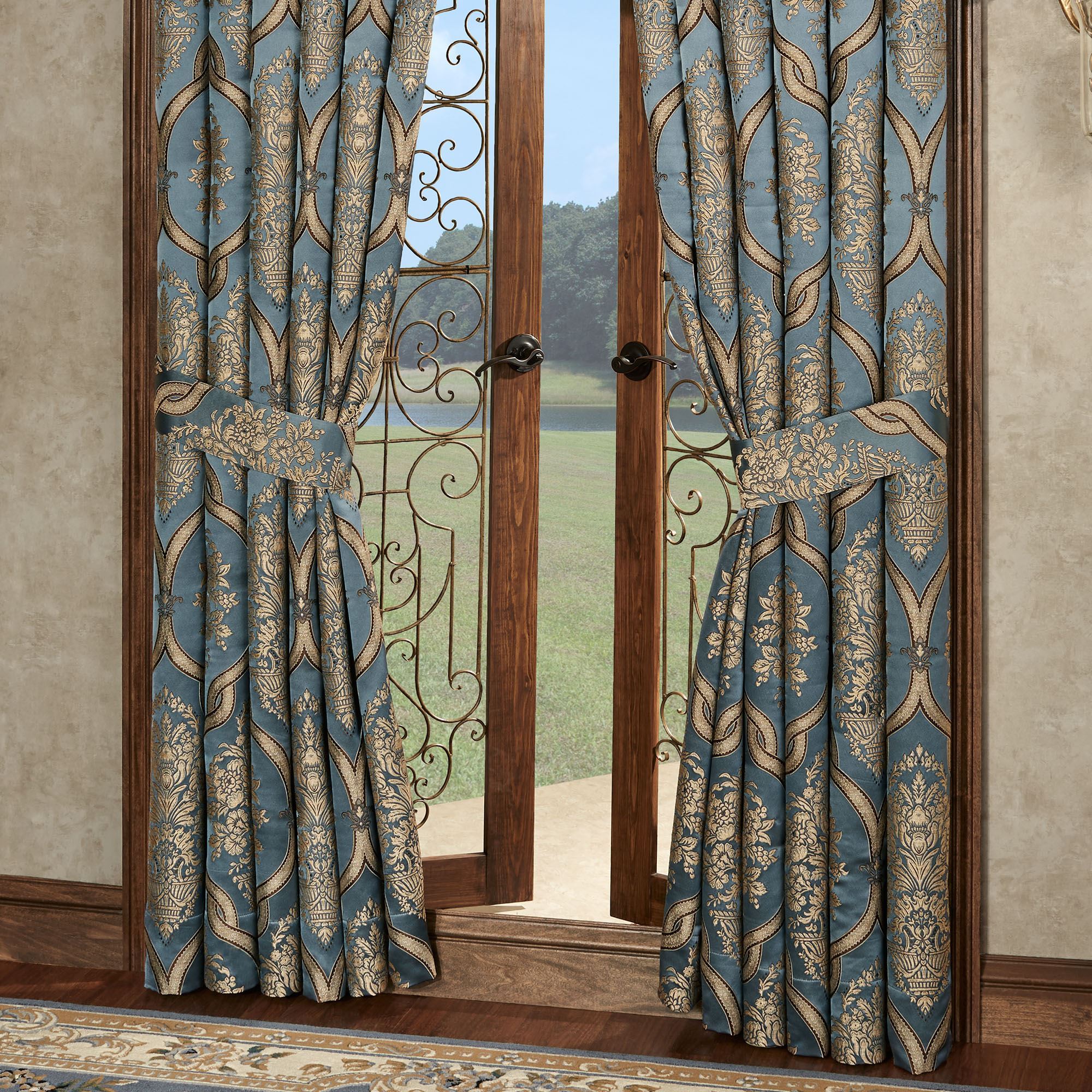 Castleton Damask Medallion Steel Blue Ascot Valance Window Treatment