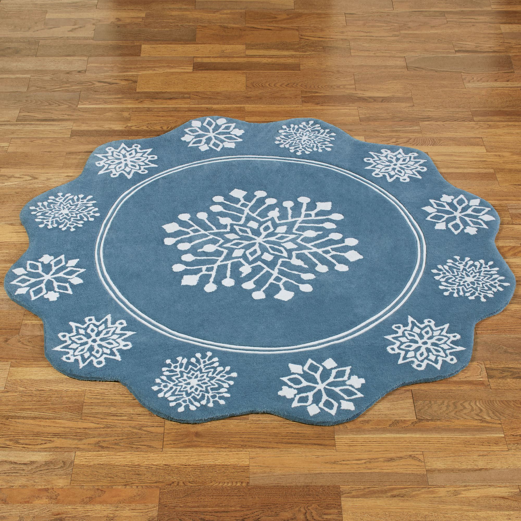 Flurries Blue Snowflake Winter Round Rug