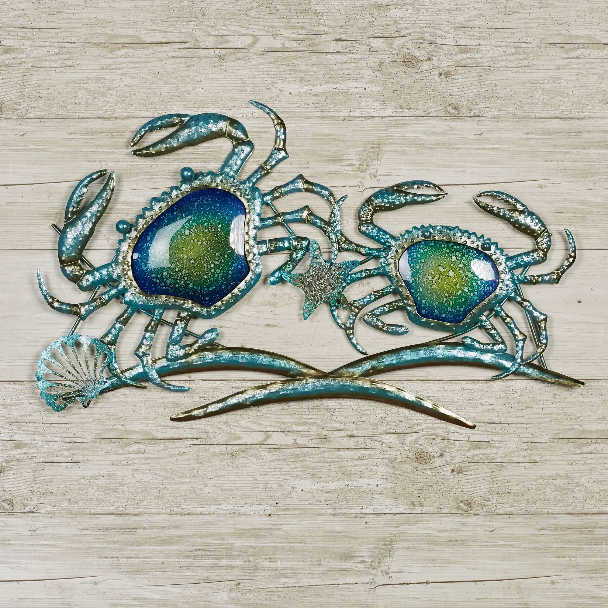 Crab Duo Indoor Outdoor Metal and Glass Coastal Wall Art