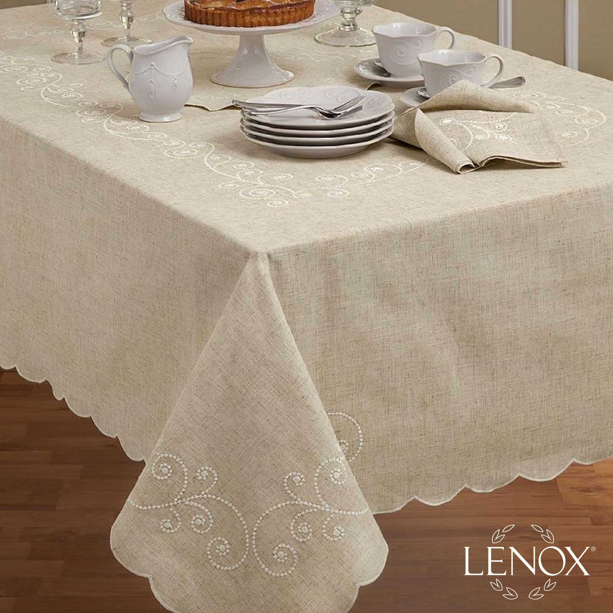 French Perle Embroidered Swirl Tablecloth Natural