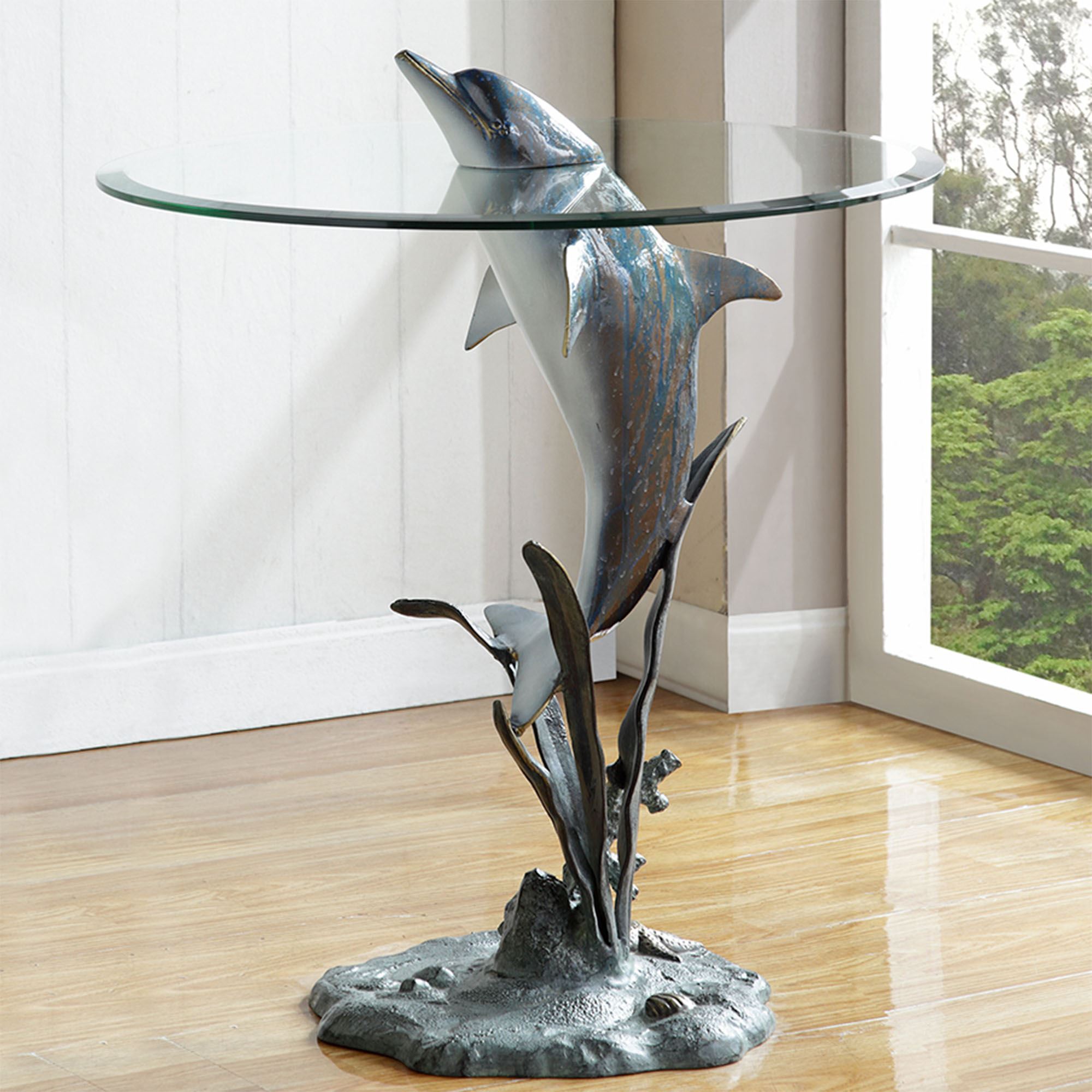Dolphin Table Dolphin Art Sculpture Round Coastal Accent Table