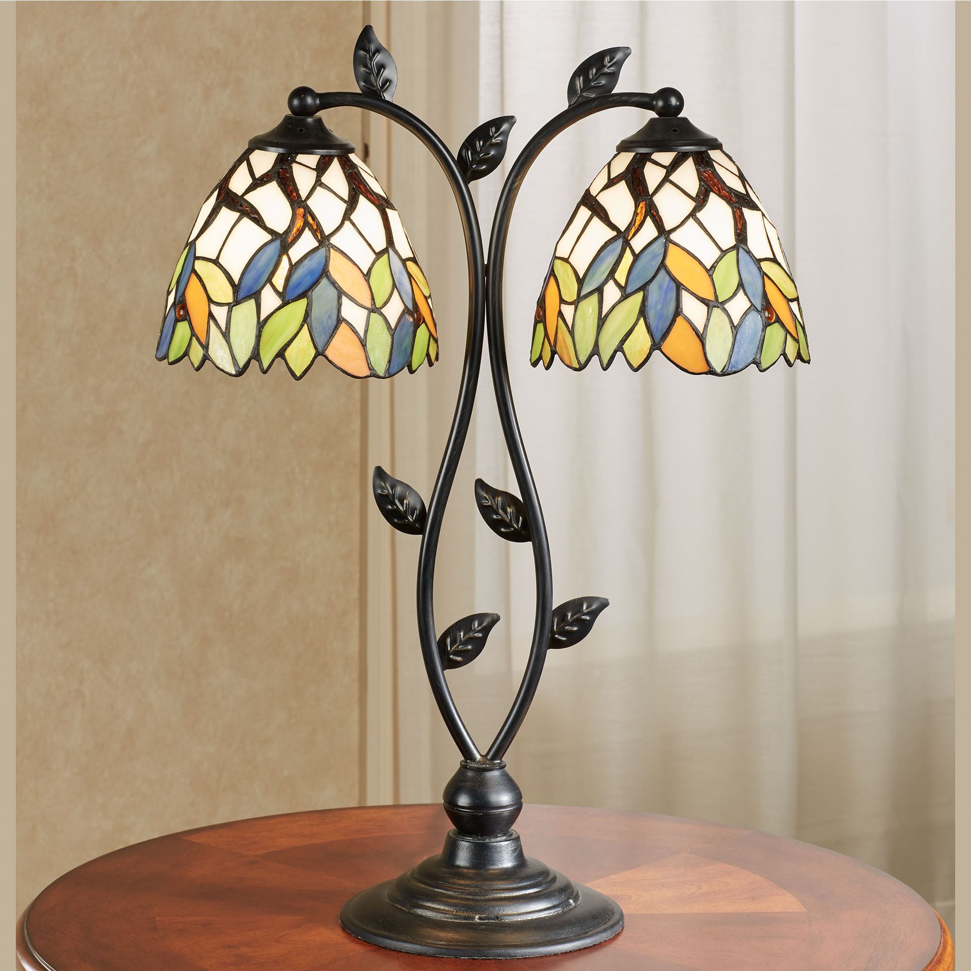 Bergamo Leaves Stained Glass Double Shade Table Lamp