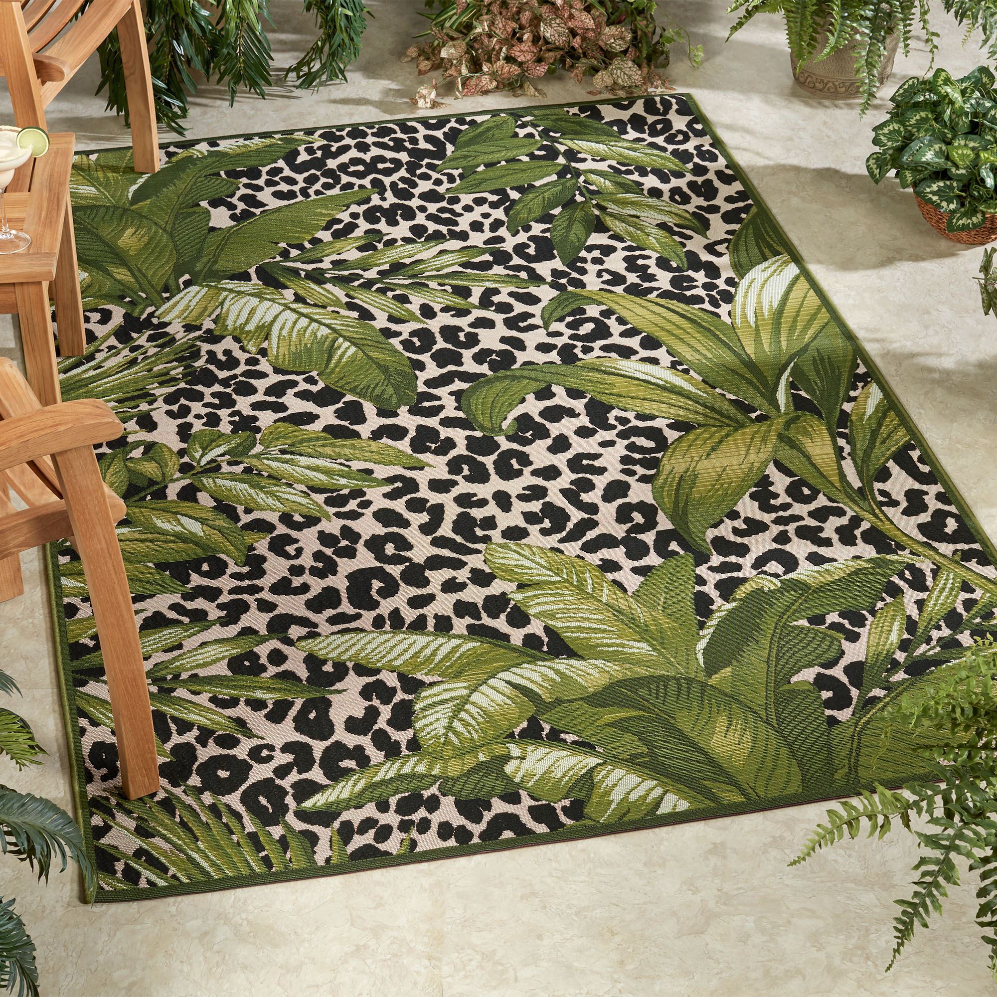 Exotic Safari Palm Leaf Leopard Print Indoor Outdoor Rugs