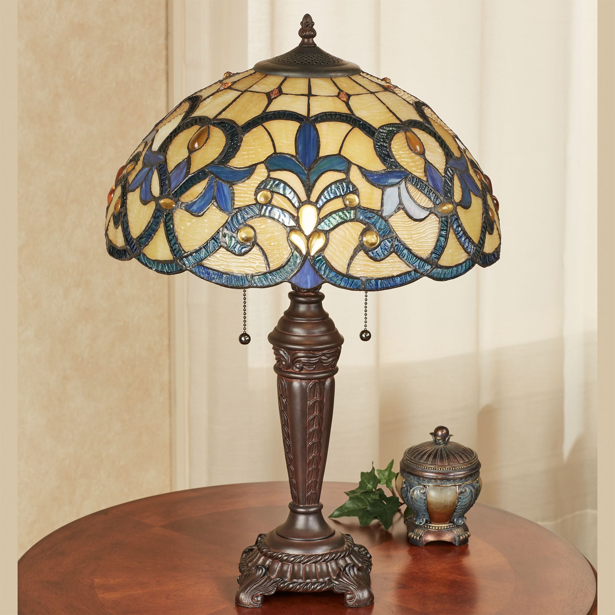 Lorne Tiffany Style Blue Fleur de Lis Stained Glass Table Lamp