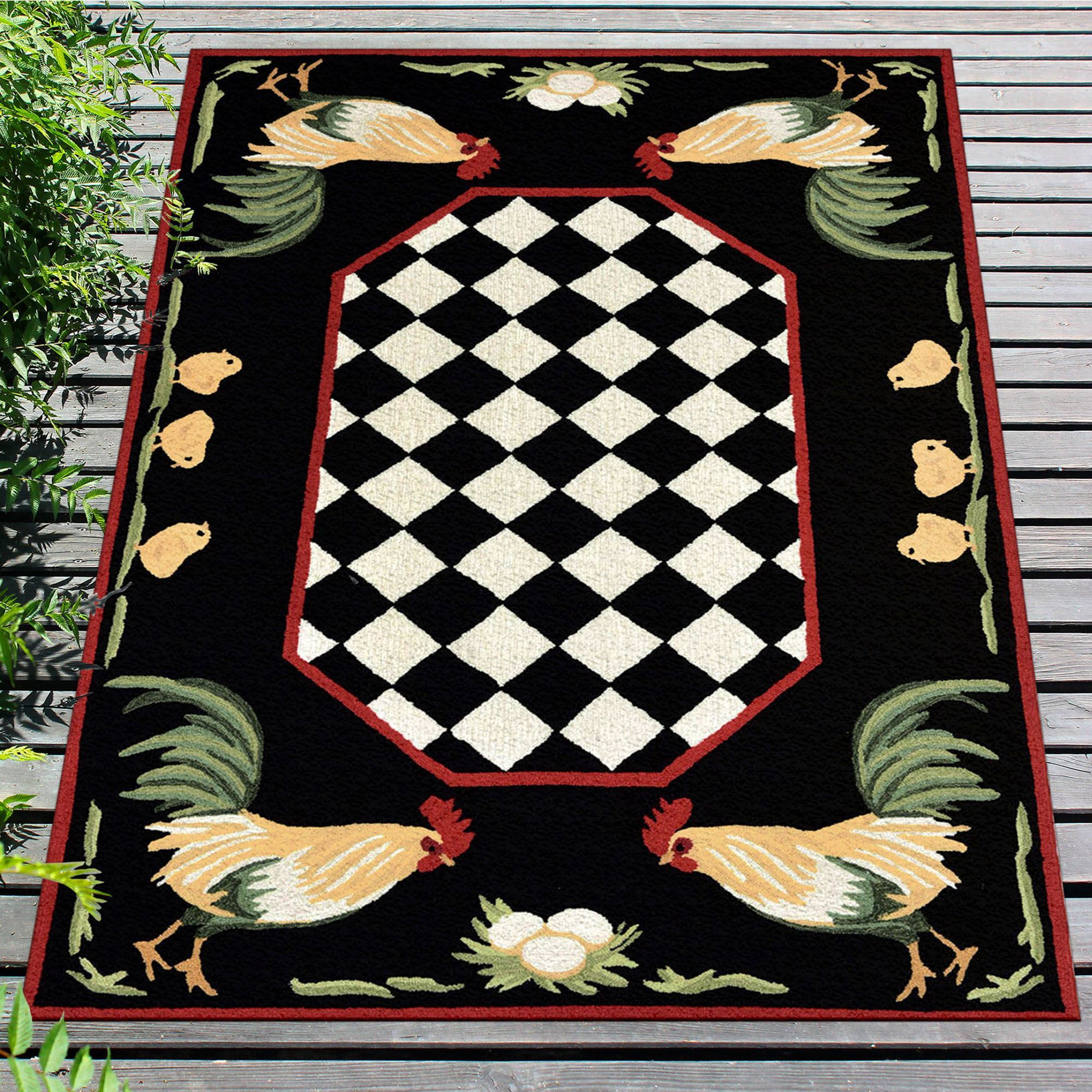 Roosters Black Indoor Outdoor Rugs by Liora Manne