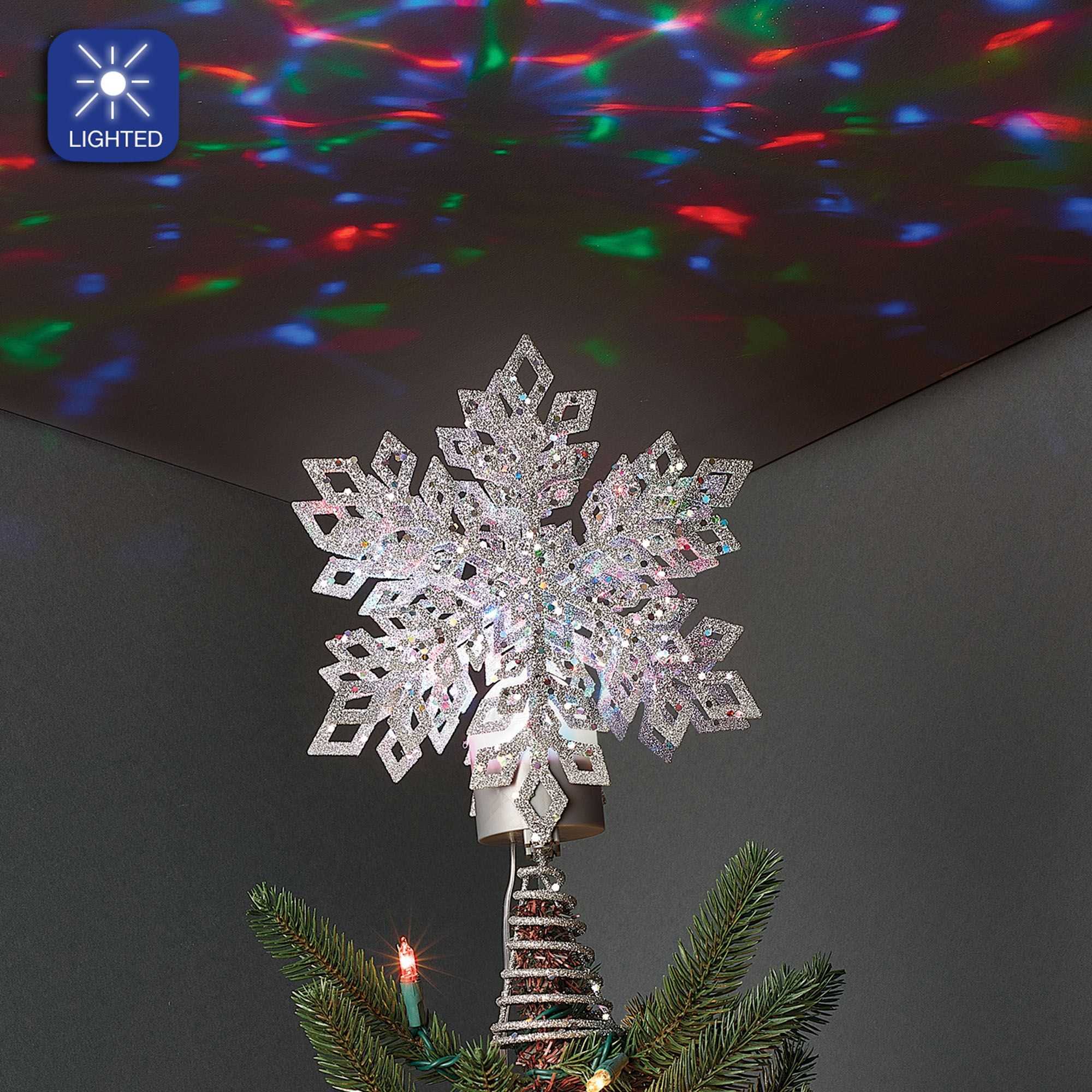 Silver Sparkle Snowflake Tree Topper with Light Projector by Roman Lights