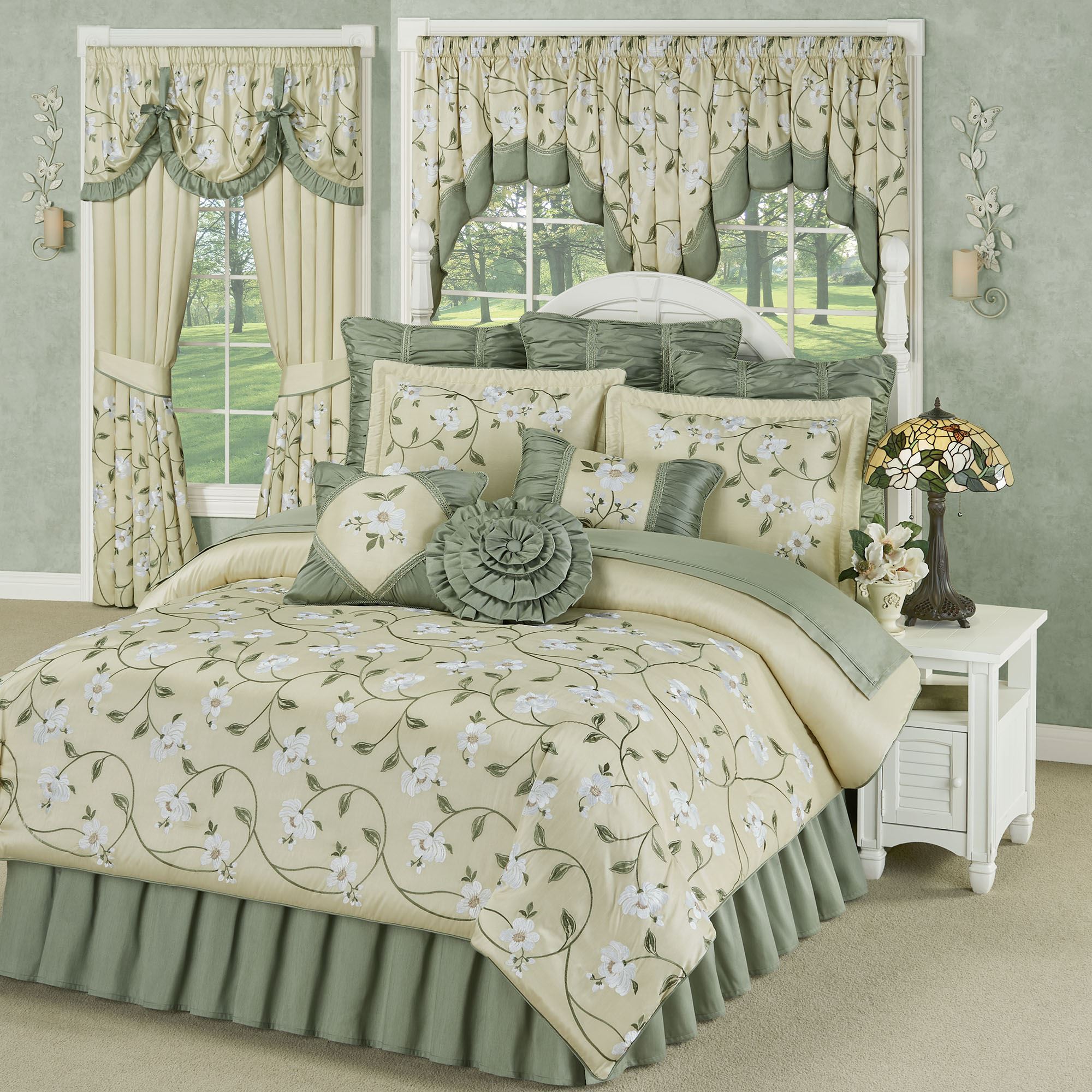 Garden Walk Faux Silk Embroidered Floral Comforter Set Luxury Bedding