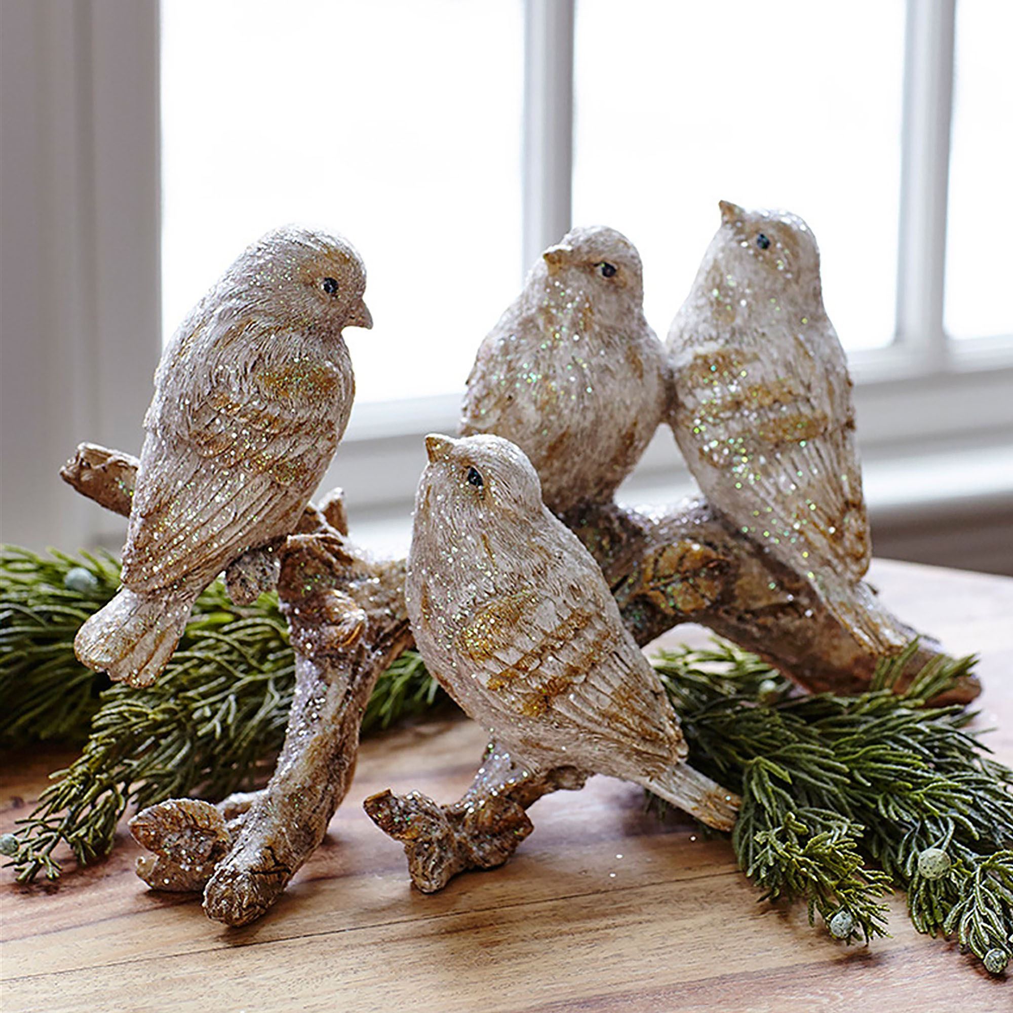 Christmas Birds on a Branch Table Sculpture Antique White