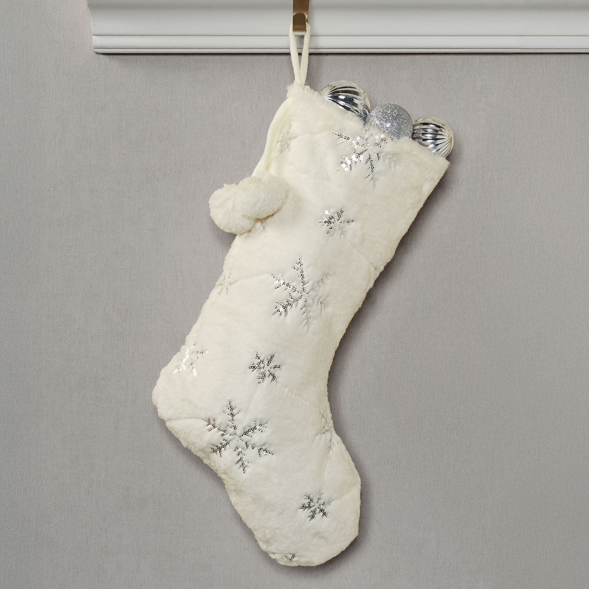 Sequined Snowflake Off White Faux Fur Christmas Stockings