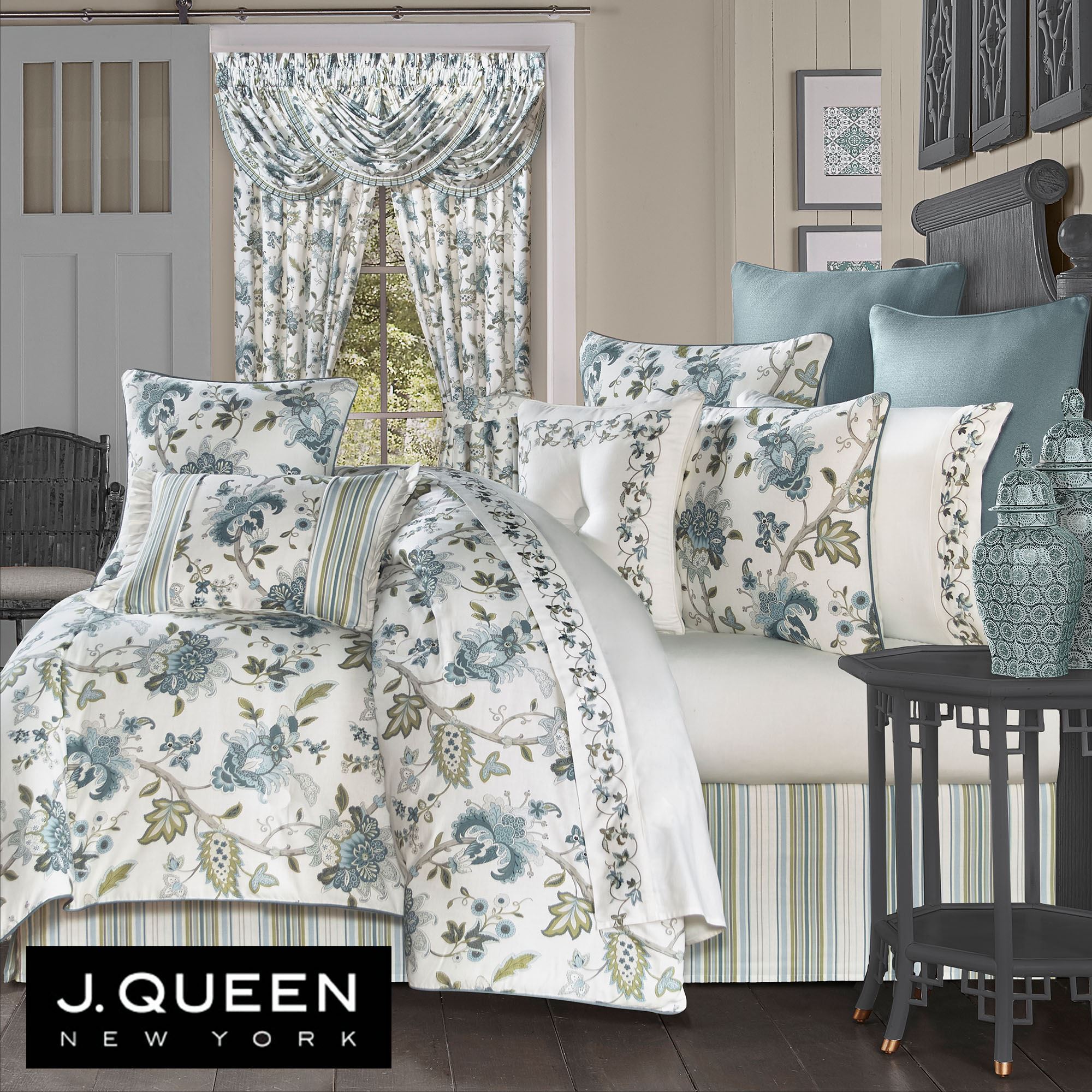 Rosanna Teal Jacobean Floral Comforter Bedding from J Queen New York
