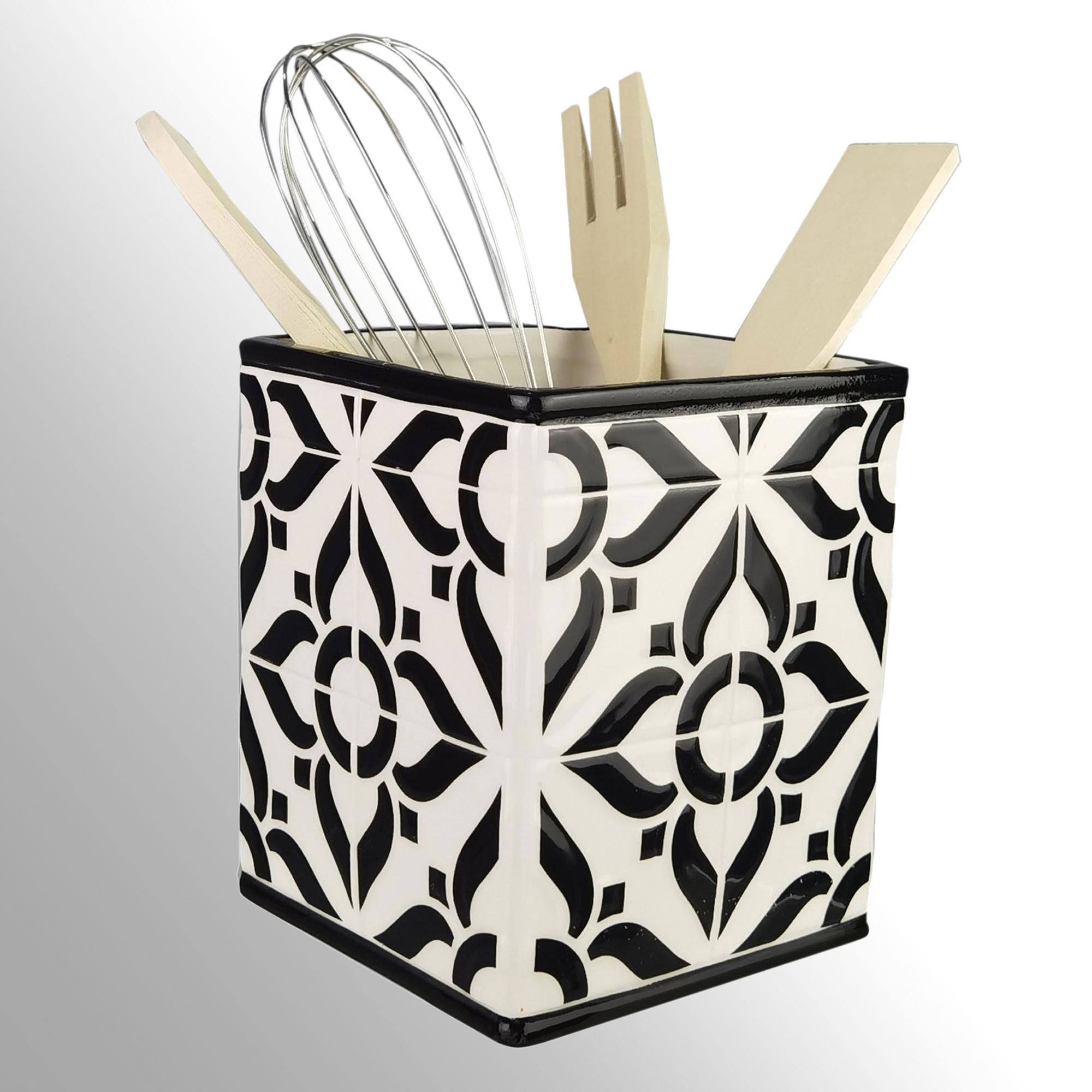 Patterned Tile Black and White Ceramic Kitchen Utensil Holder with Utensils
