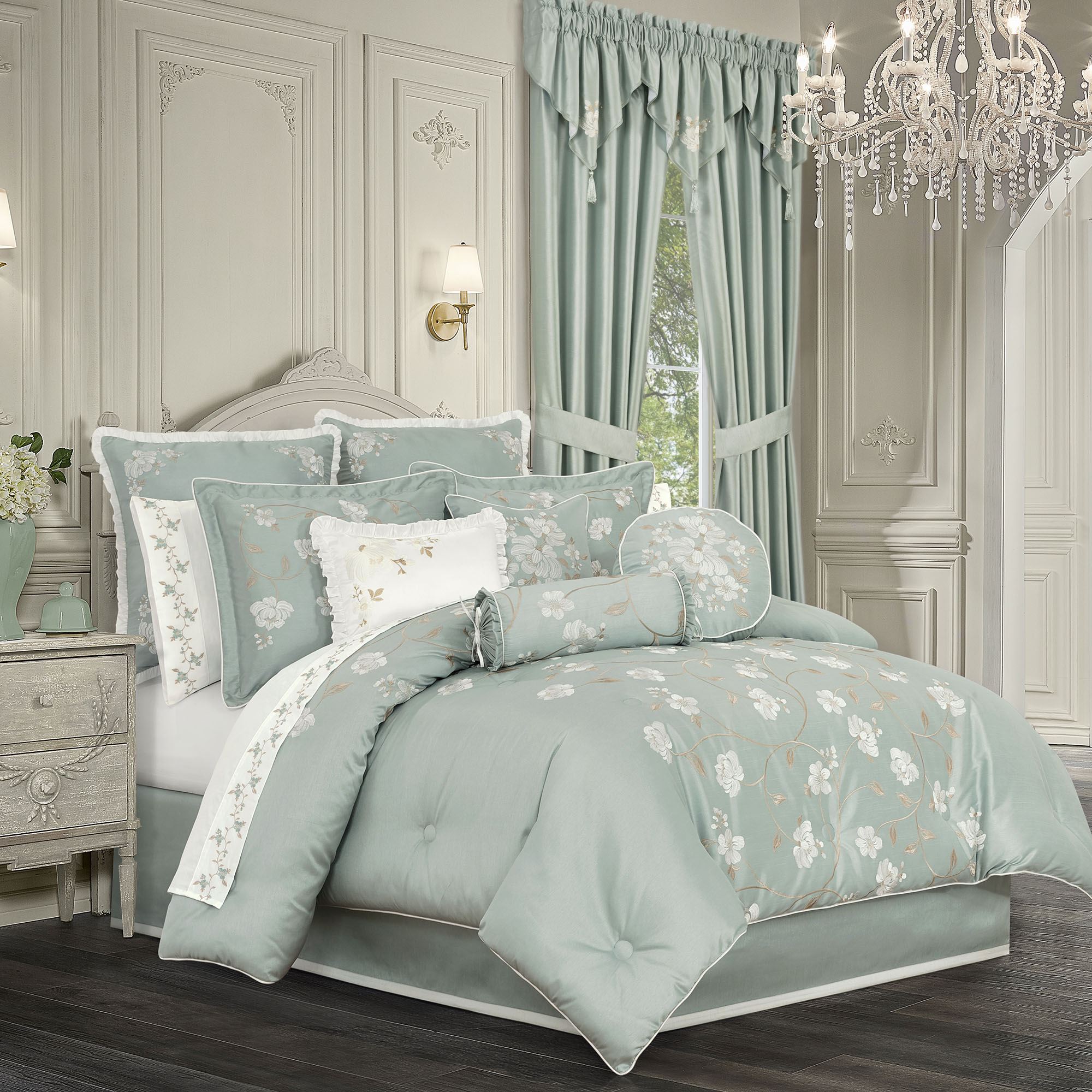 Spring Garden Aqua Mist Embroidered Floral Comforter Bedding by Royal Court