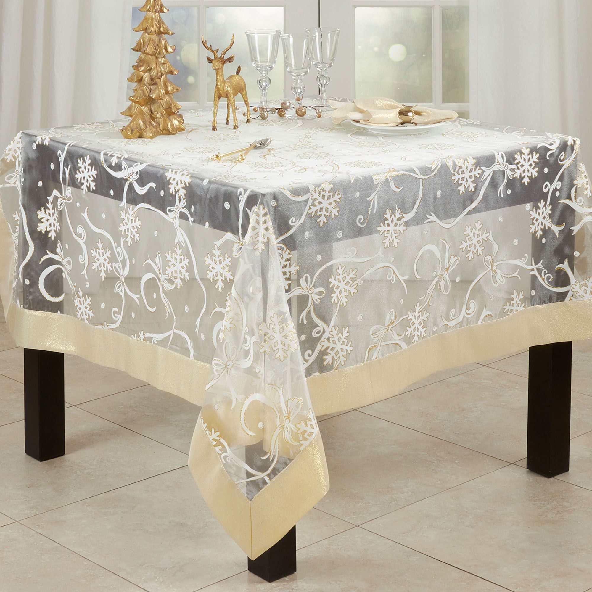 Snowflake Gala White and Gold Sheer Organza Winter Table Linens