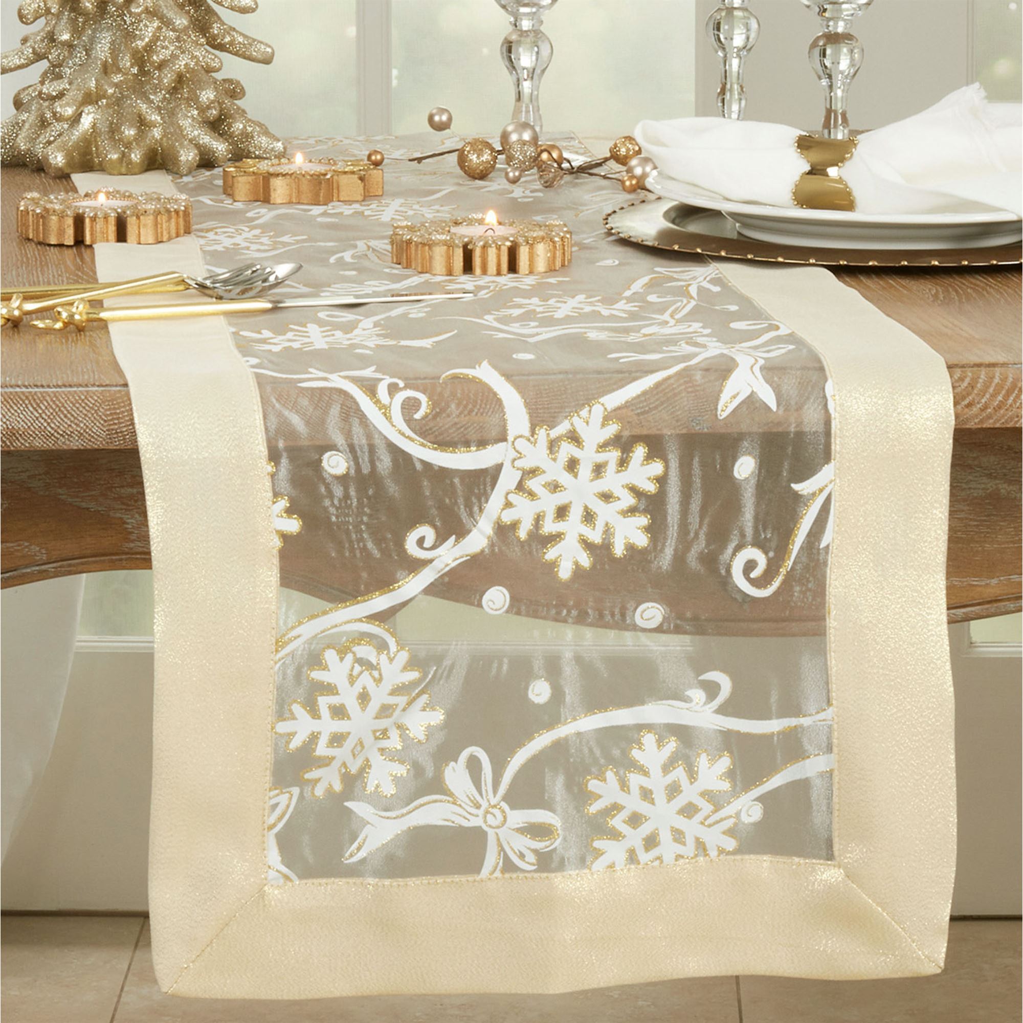 Snowflake Gala White and Gold Sheer Organza Winter Table Linens