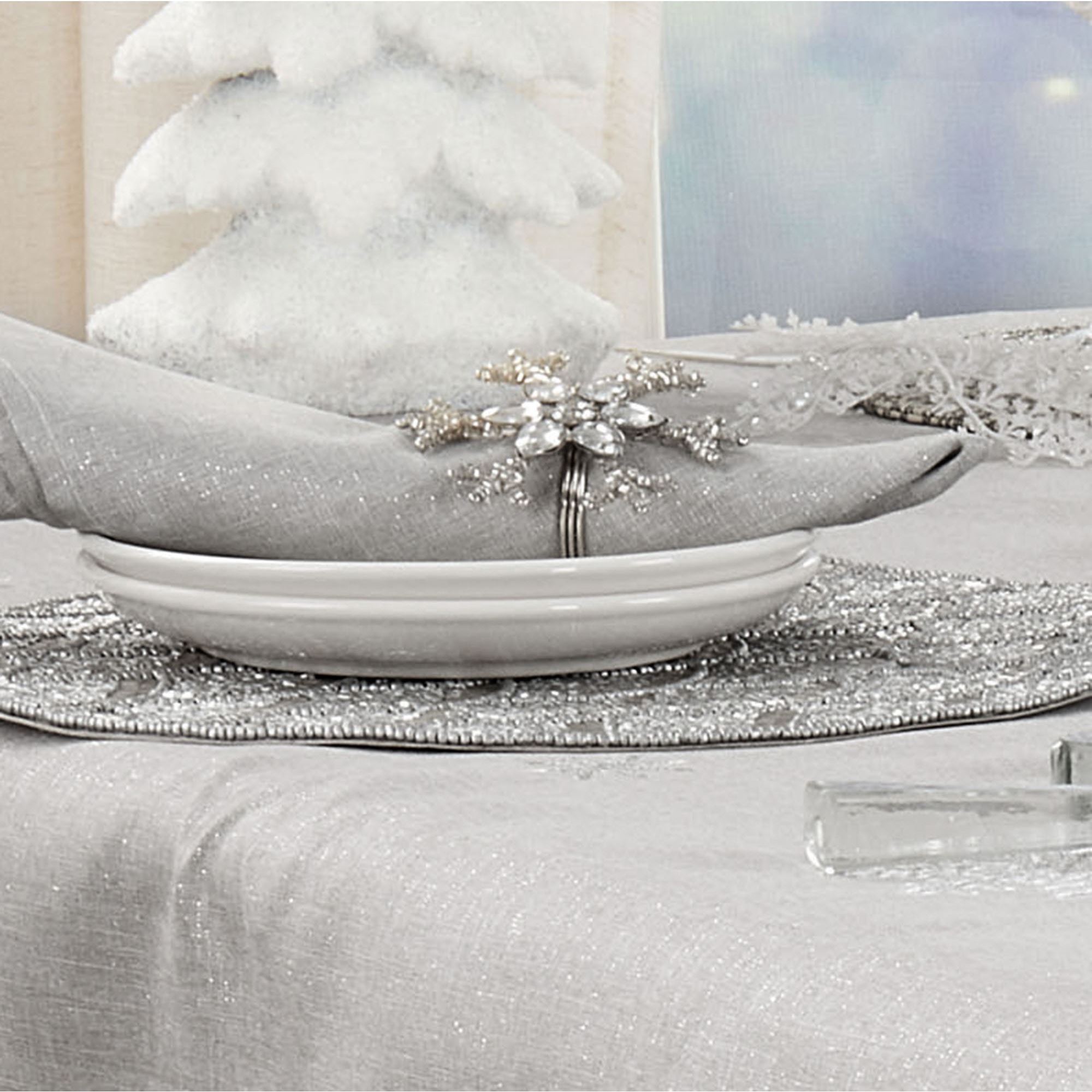 Shimmer Snowflake Embroidered Silver Winter Table Linens