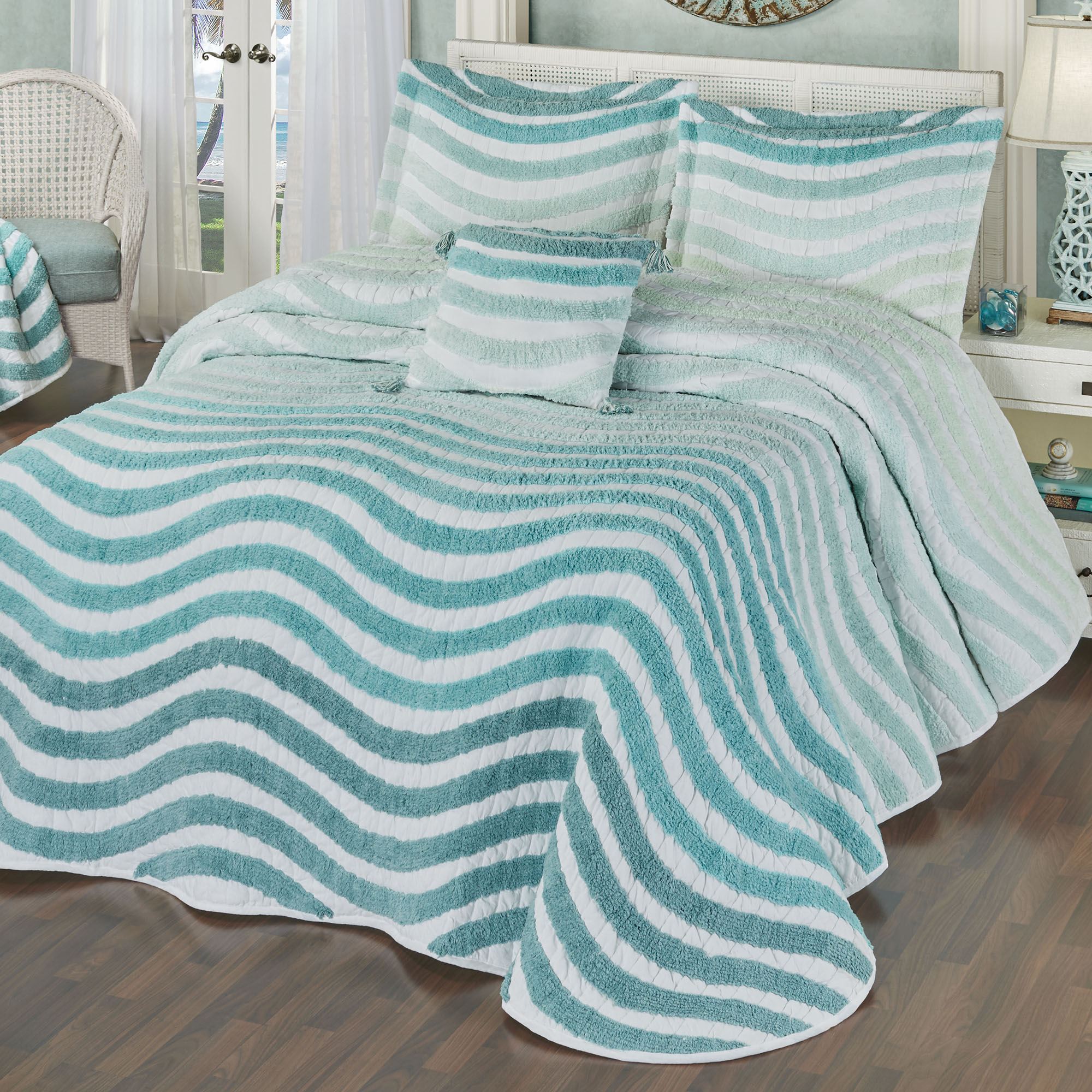 Horizon Aqua Coastal Ombre Tufted Oversized Bedspread Set