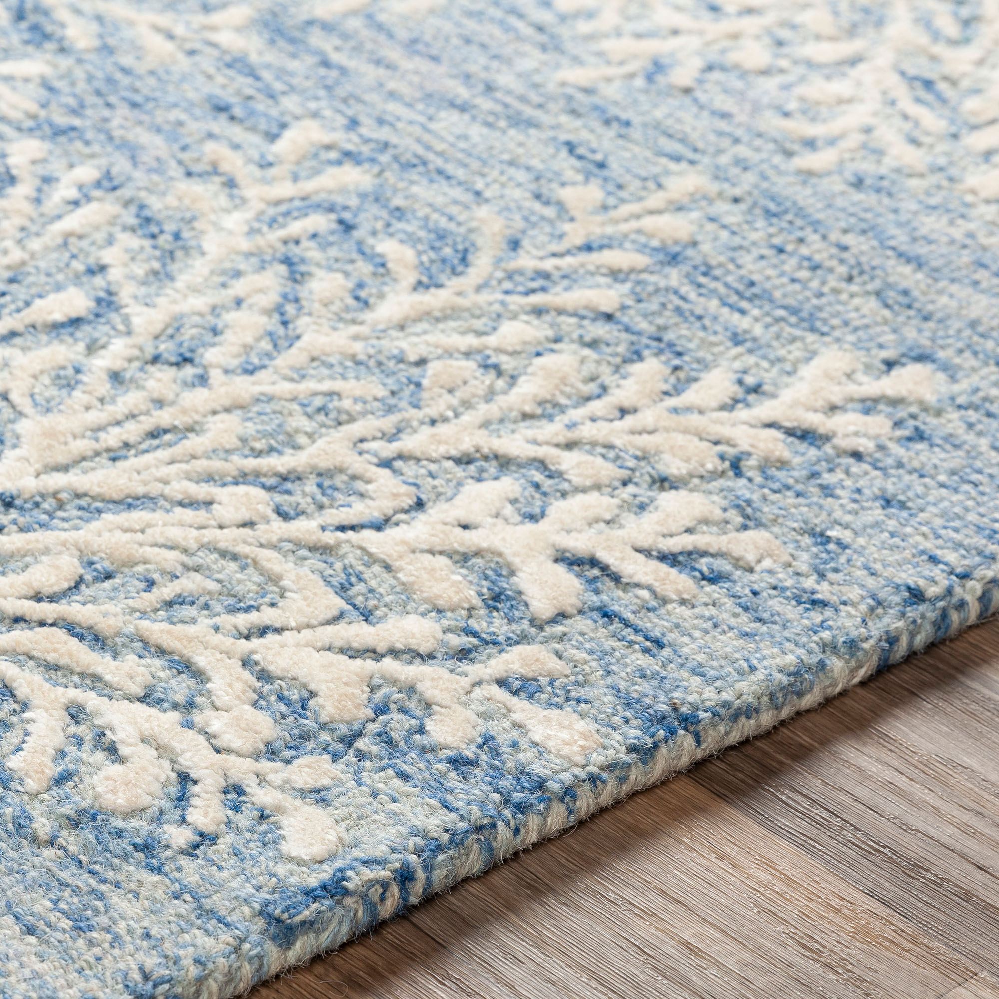 Starlit Mottled Blue Wool Viscose Blend Leaf Design Area Rug