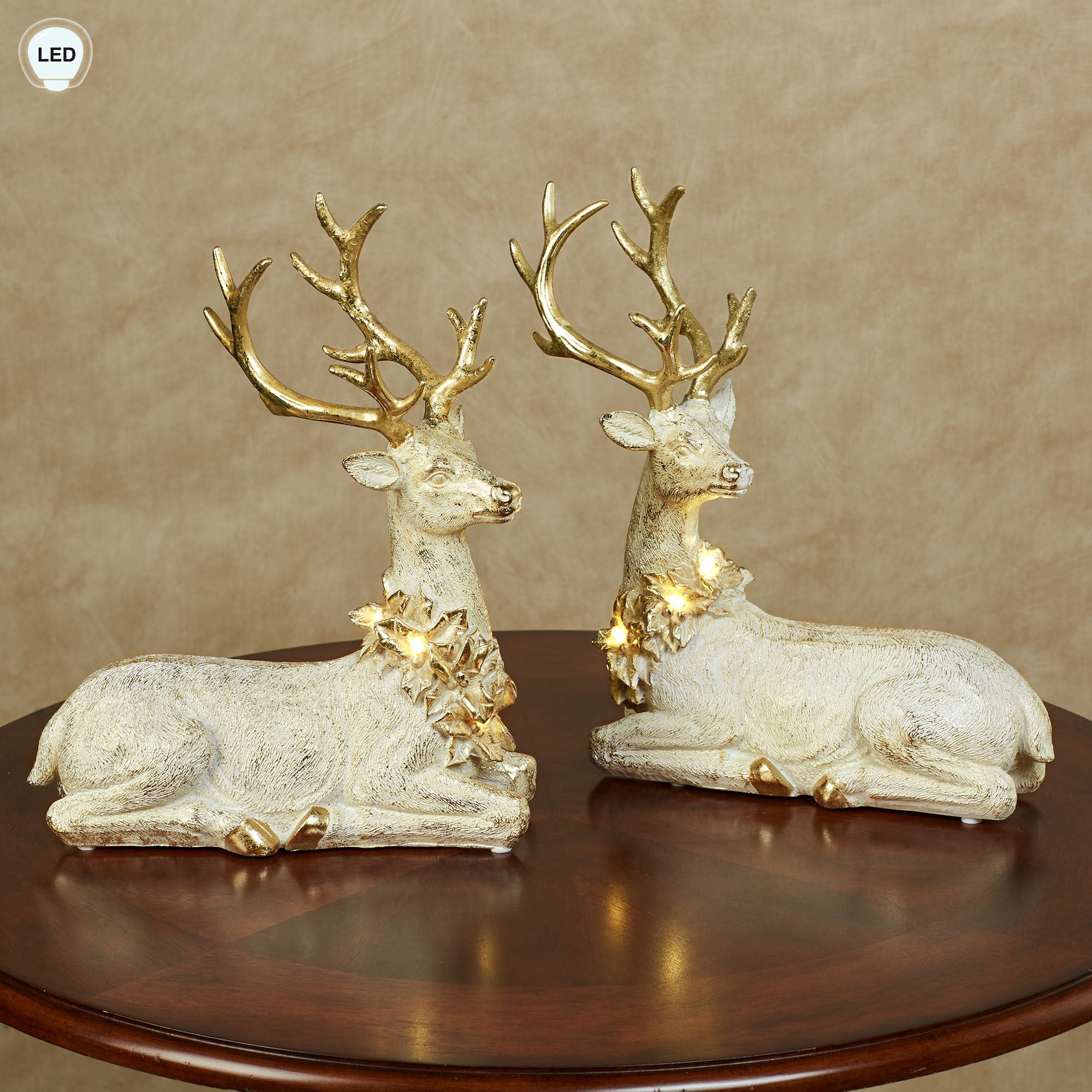 Festive Lighted Deer Figures White/Gold Set of Two
