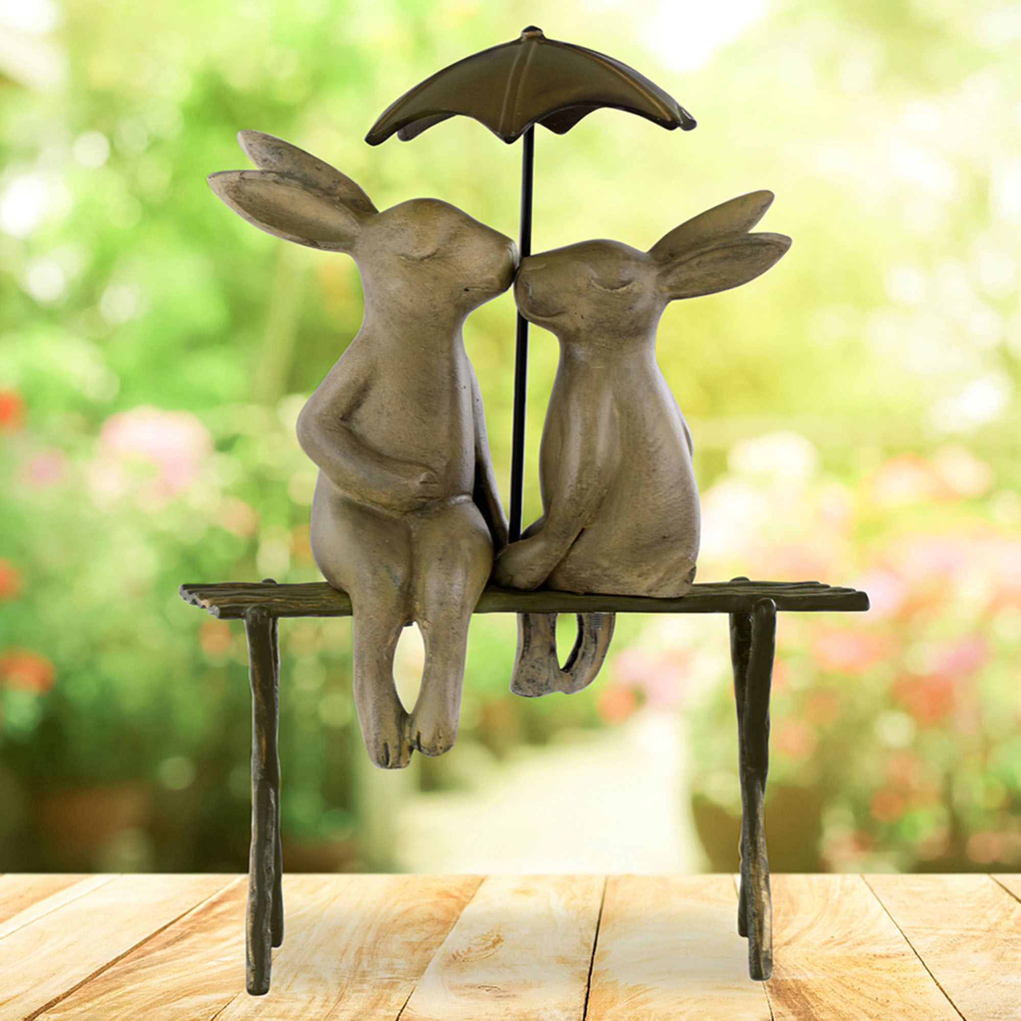 Outdoor Rabbit Bench Kissing Bunny Rabbit Lovers on Bench Outdoor Garden Sculpture