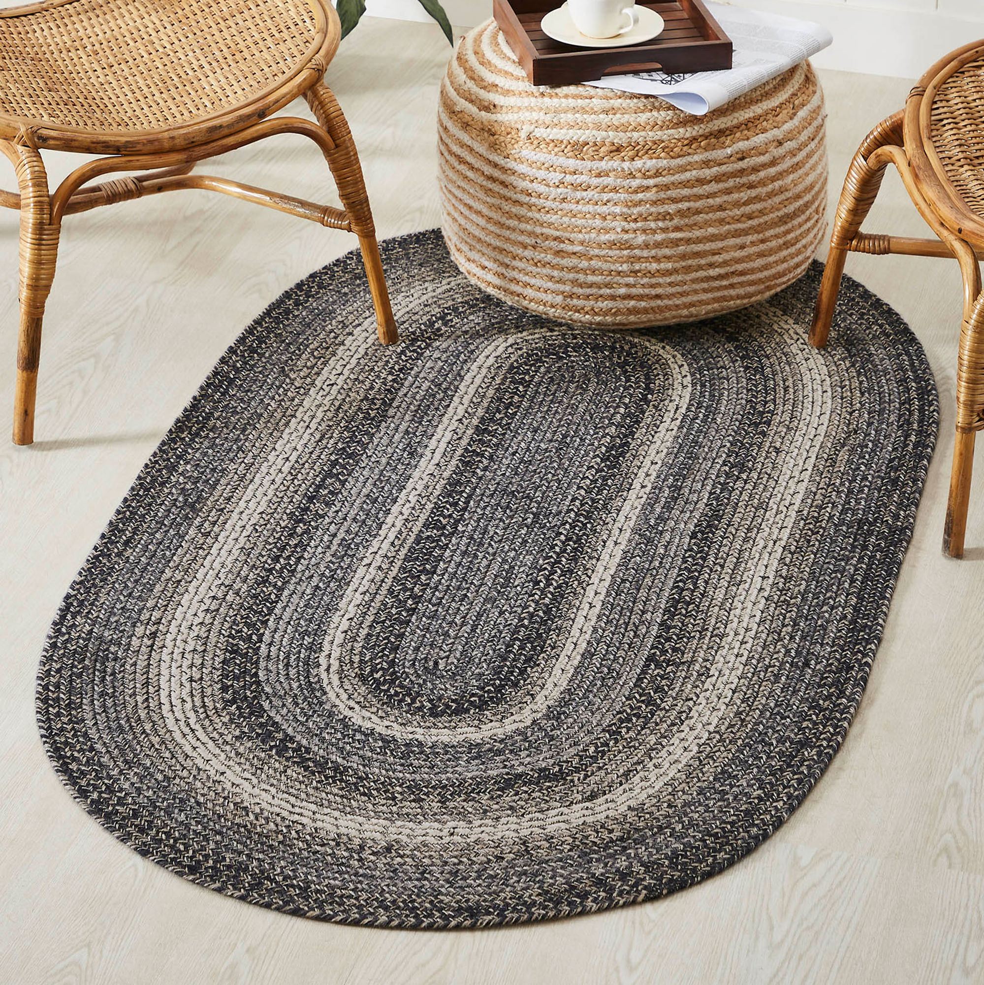 Sawyer Mill Black and Gray Braided Oval Rug with Included Rug Pad