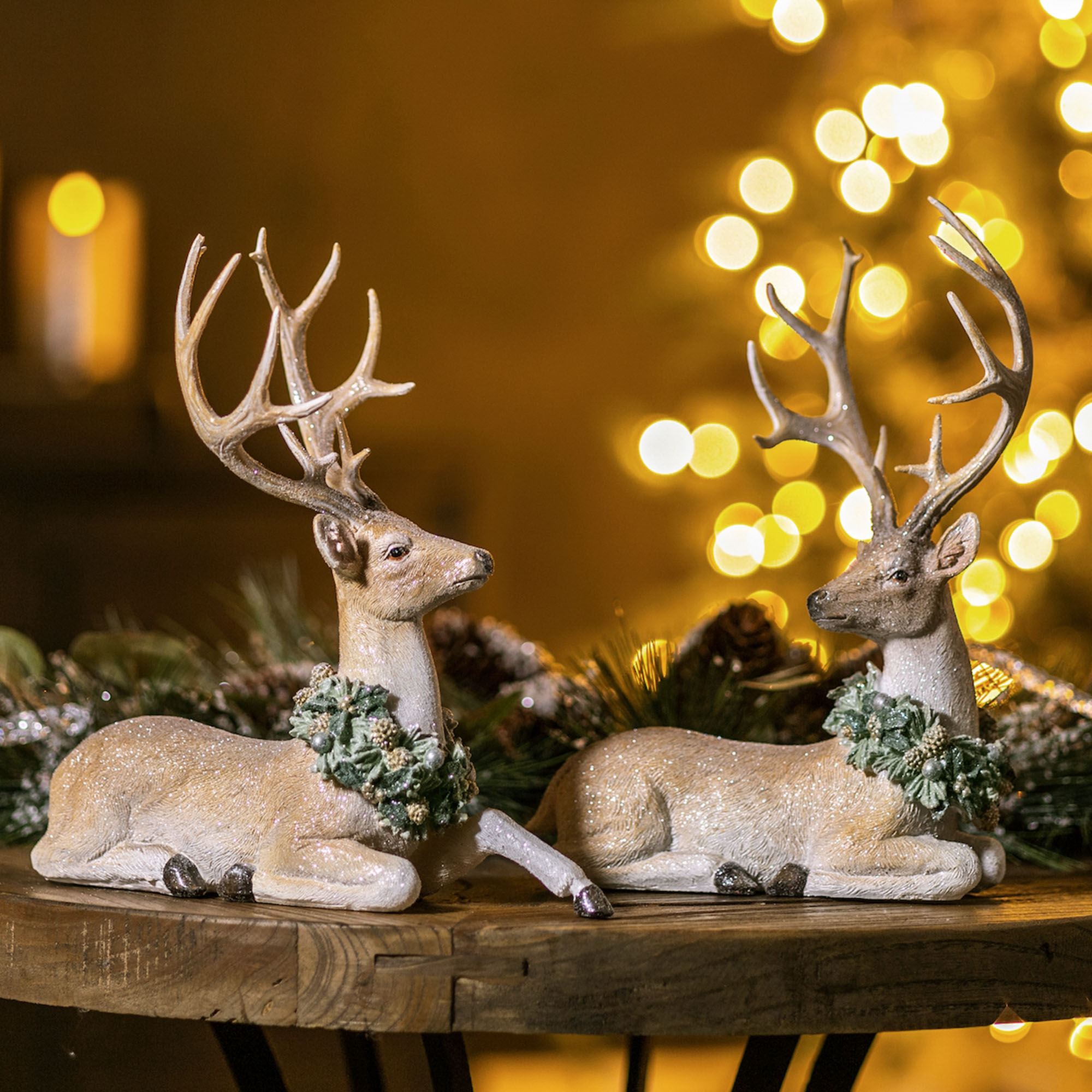 Winter Deer Sculptures Brown Set of Two