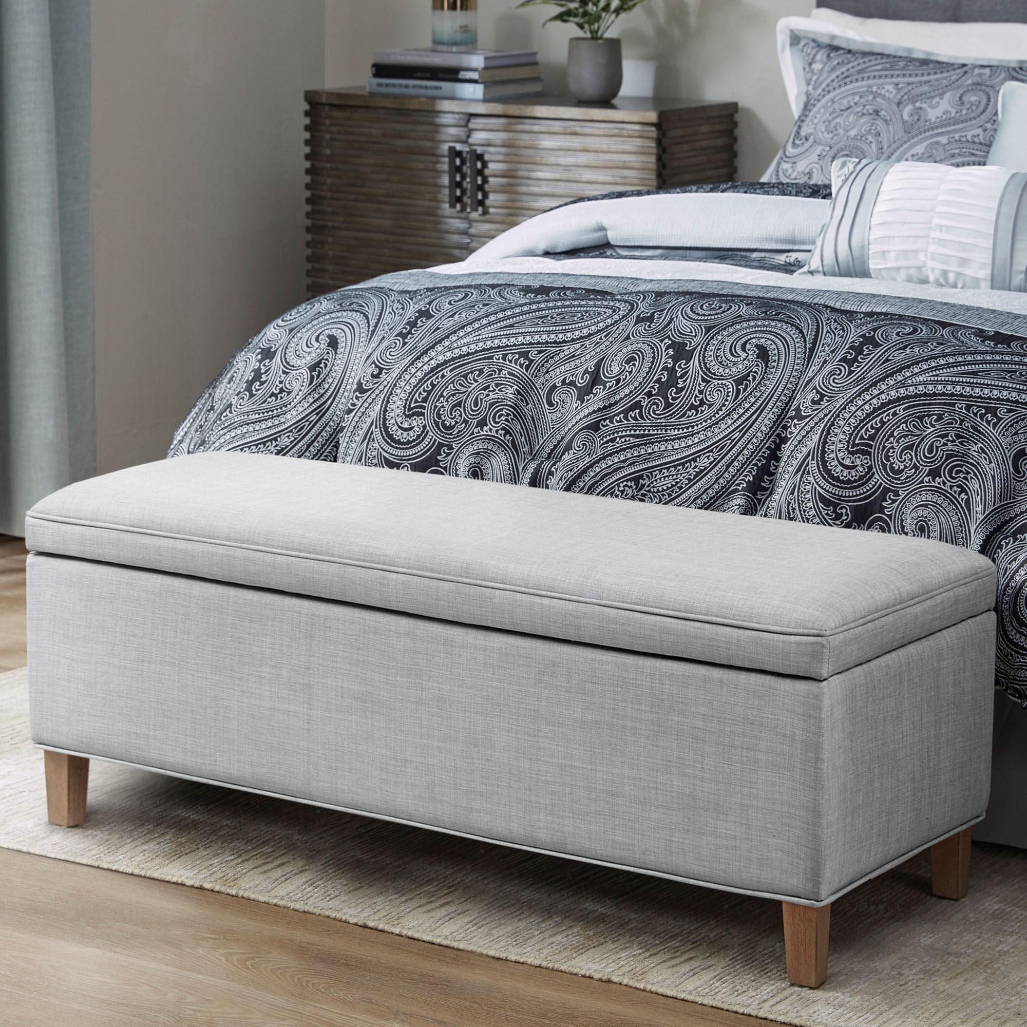Caymus 48 Inch Wide Gray Upholstered Storage Bench by Martha Stewart