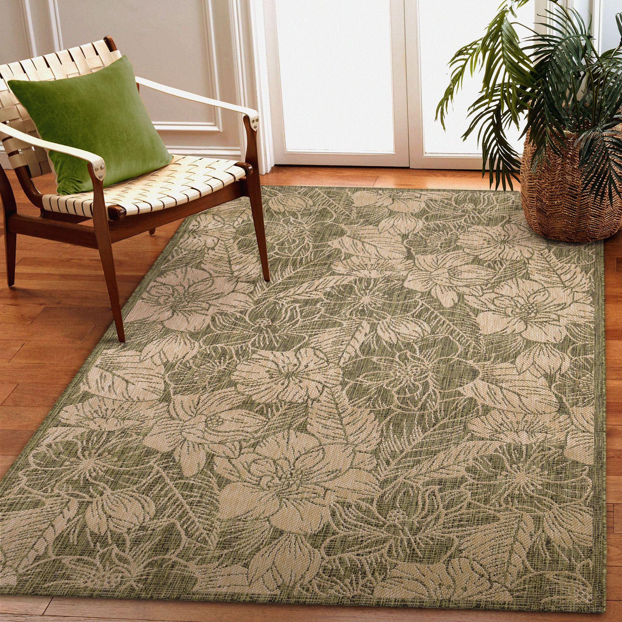 Botanical Patterned Rug Carmel Botanical Sage Green Tropical Floral Indoor Outdoor Rugs
