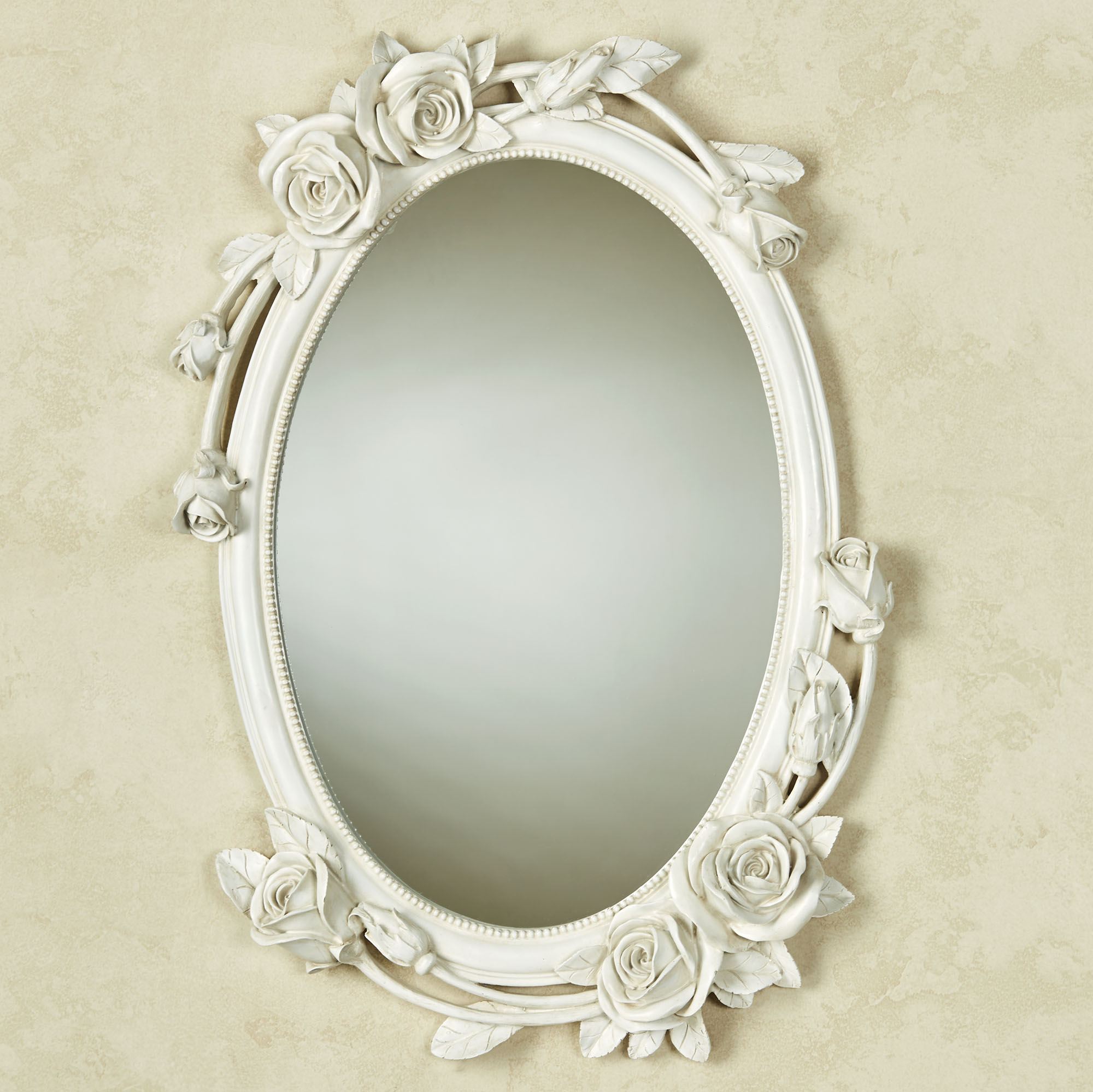 Antique White Rose Melody Handpainted Floral Oval Wall Mirror
