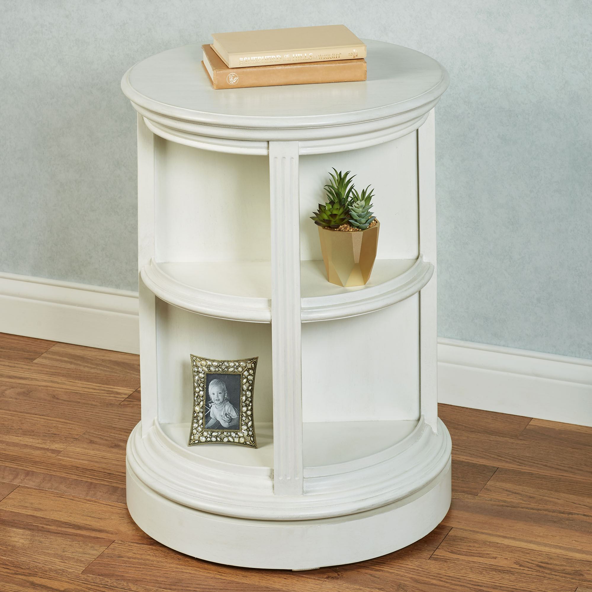 Quincy Ivory Wooden Round Rotating Swivel Storage Accent Table