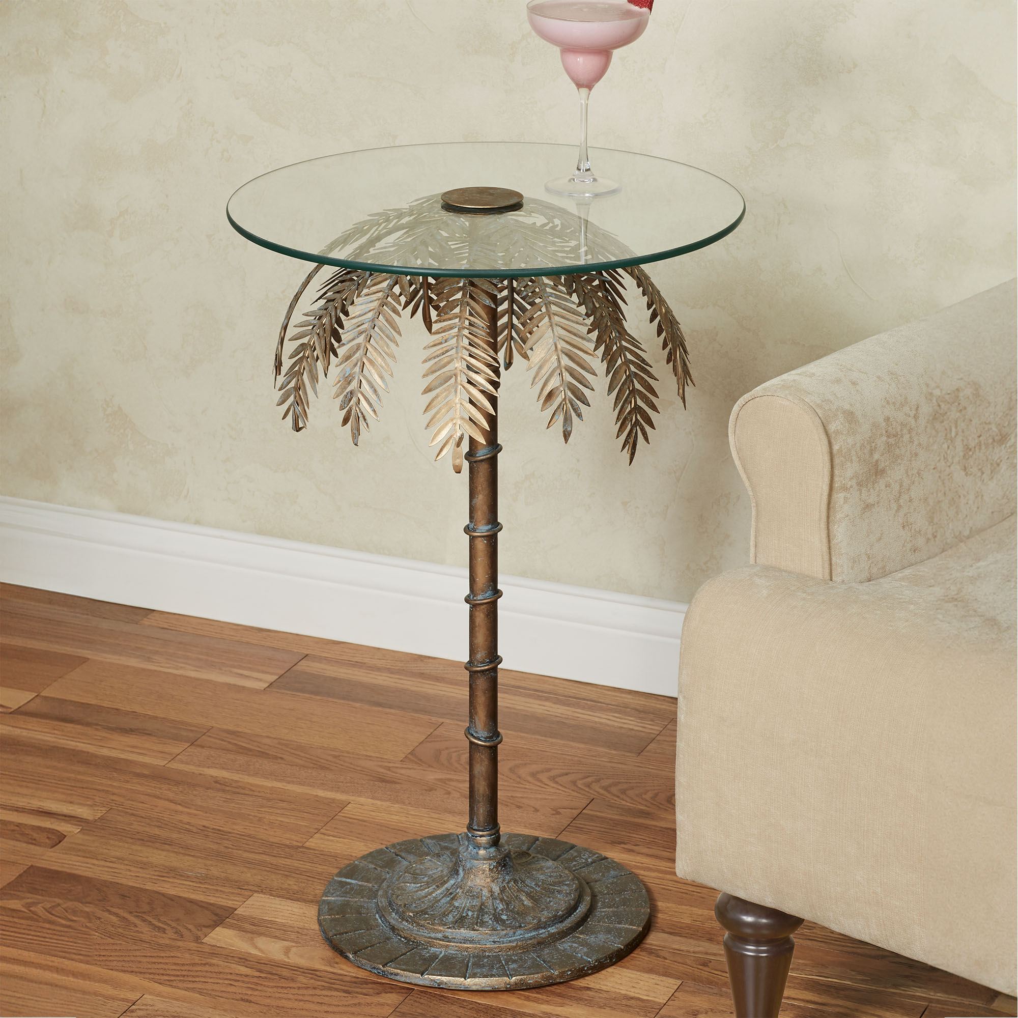Pl Tree Table Piper Metal Tropical Palm Tree Accent Table with Round Glass Top