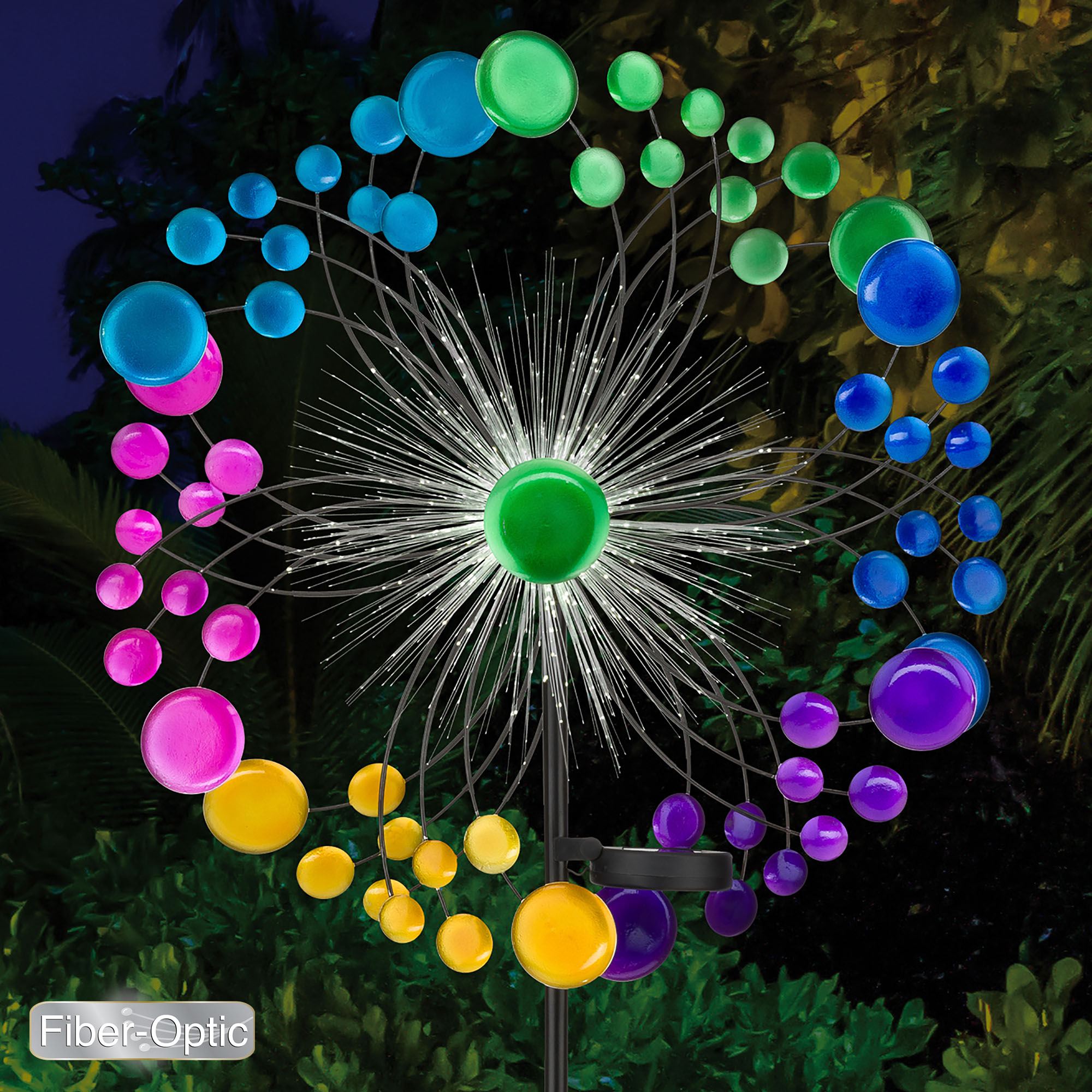 Spring Powered Spinner Radiant Glow Solar Powered Fiber Optic Lighted Outdoor Garden Wind Spinner